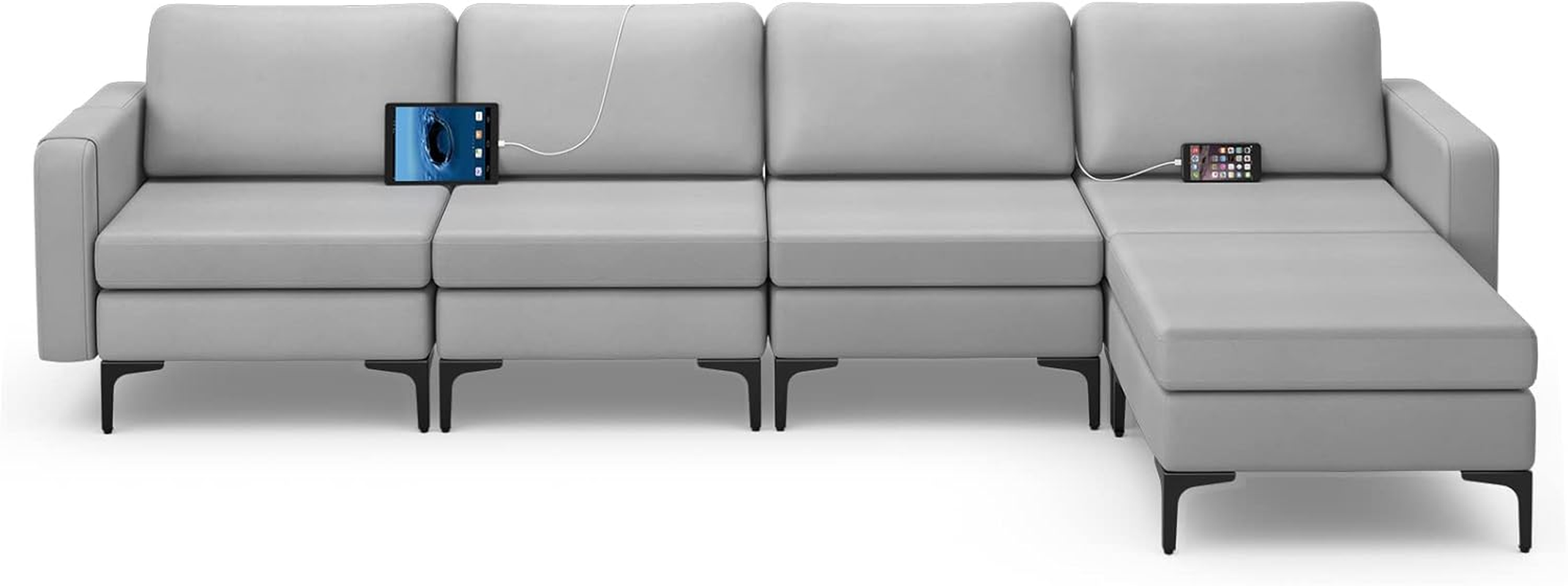 Costway Modular L-Shaped Sofa with Chaise, Sectional Sofa Couch with Reversible Ottoman, Armrest Organizer, Built-In Socket & USB Ports, Storage Space, Convertible Sectional Couch for Living Room image number 6