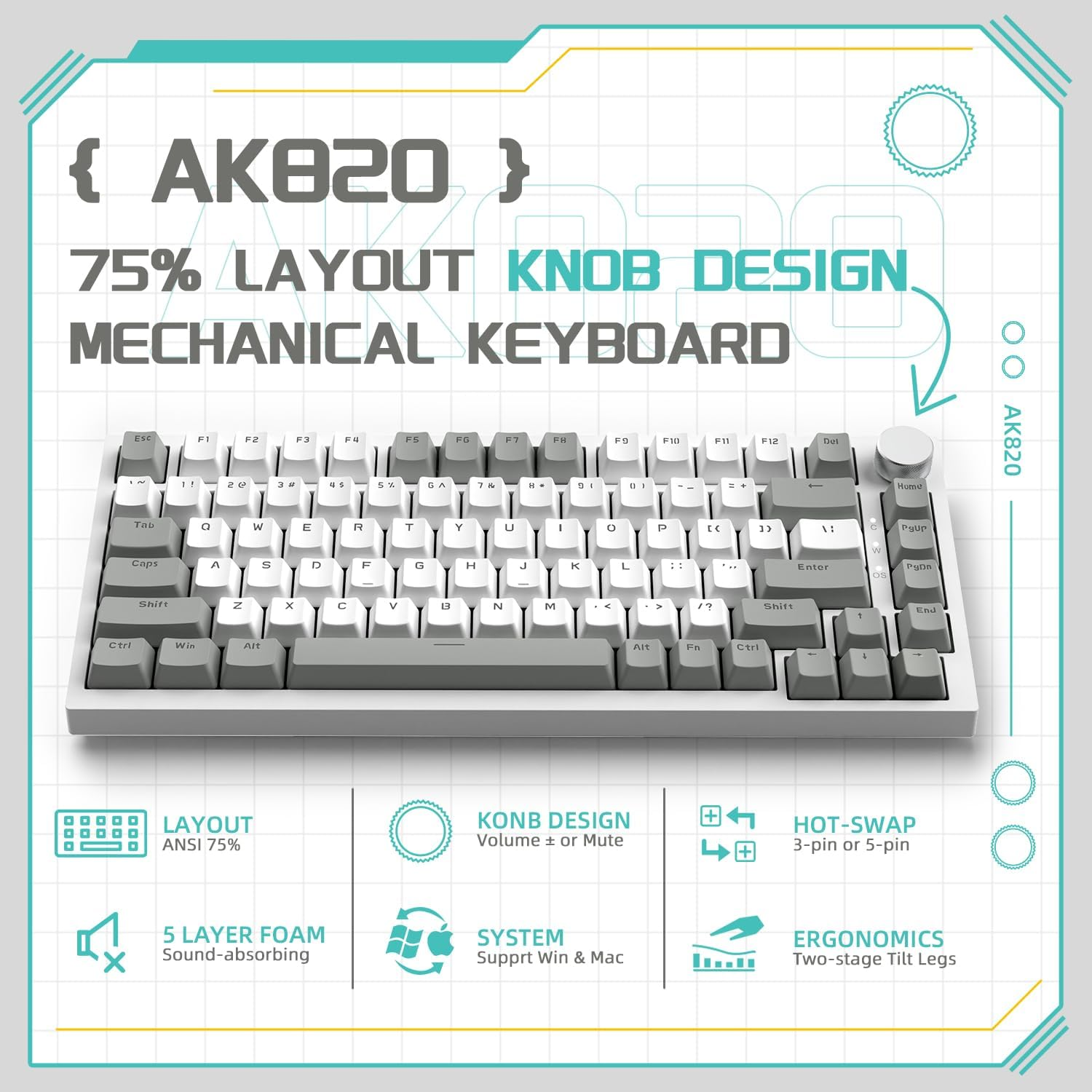 YINDIAO AK820 Mechanical Keyboard with CNC Knob Control,75% ANSI Layout,82Keys Gasket Mount Wired Gaming Keyboard,5 Sound Absorbing Foam,Hot-Swappable,White Backlit,For PC,MAC (Grey&White) image number 2
