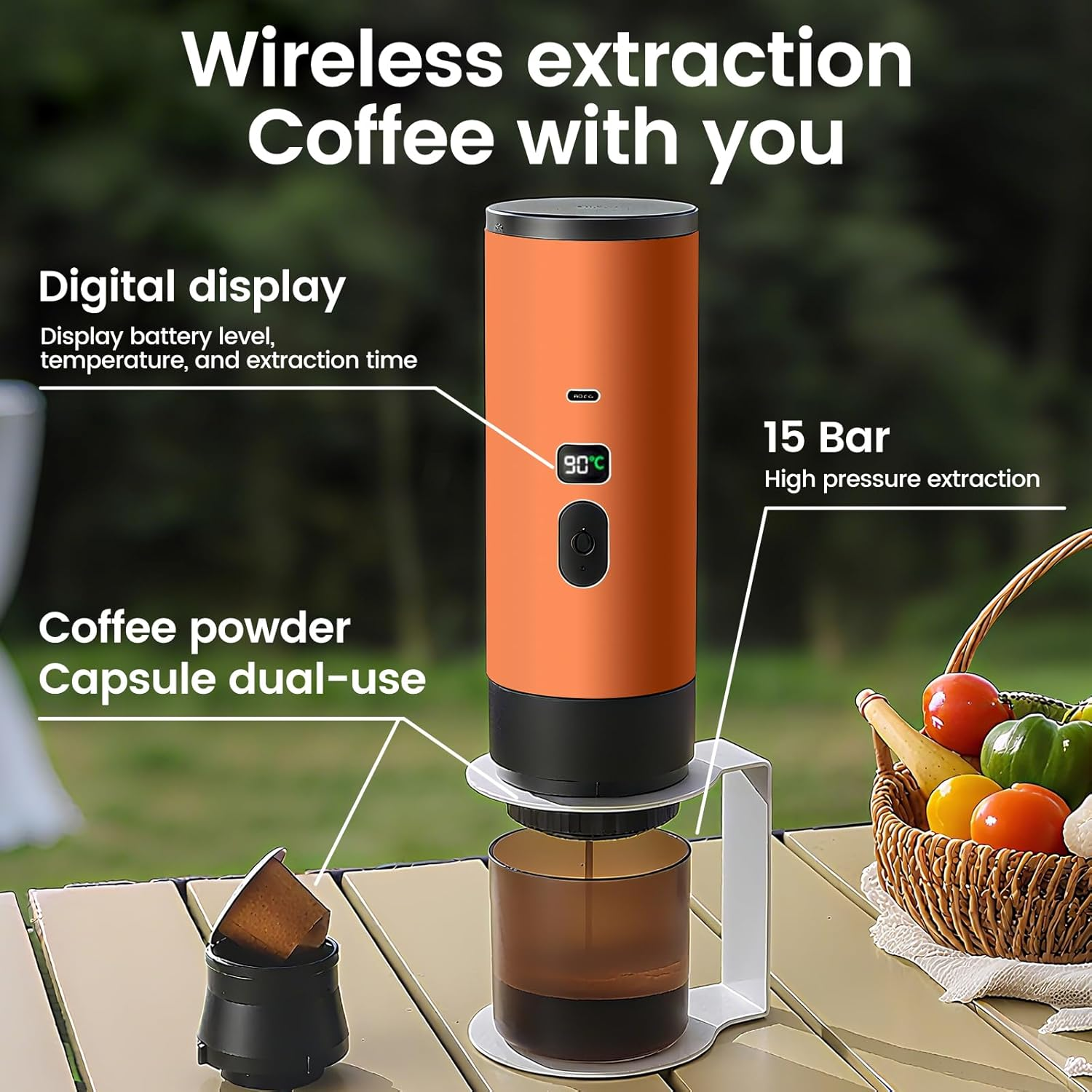 Portable Espresso Machine,Usb Rechargeable Cordless Travel Coffee Maker,20Bar Self Heating Espresso Coffee Machine,Compatible with NS Capsules & Ground Coffee for Camping, Hiking, Office (Orange) - Gray image number 6