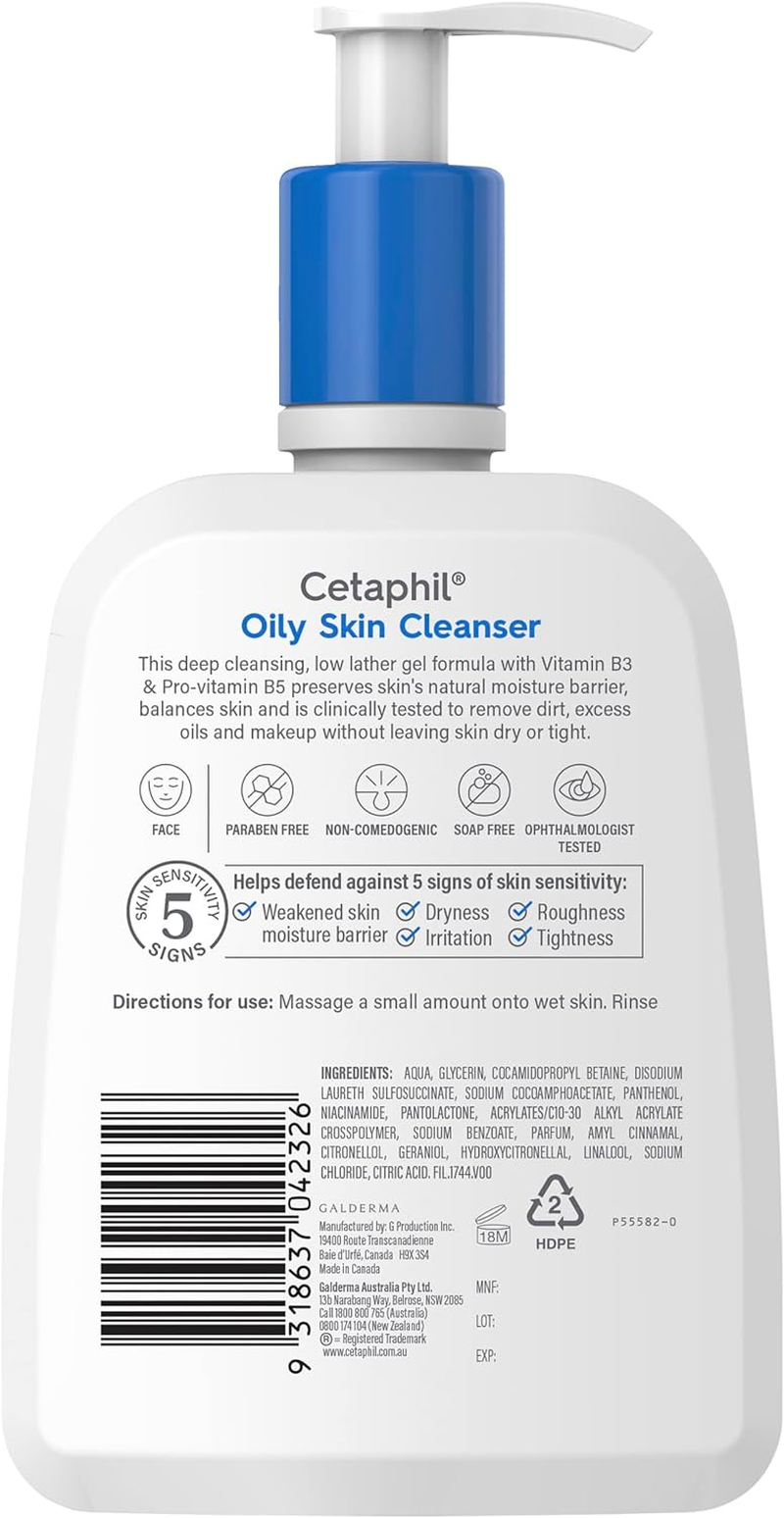 CETAPHIL Oily Skin Cleanser 500Ml, Gentle Face Wash for Sensitive Skin, with Glycerin & Panthenol, Hypoallergenic, Dermatologist Tested