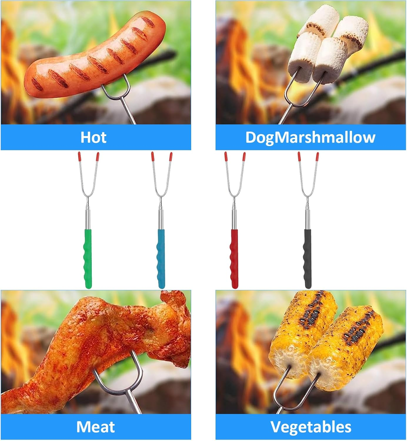 Barbecue Forks-4 Pack Marshmallow Roasting Sticks Extendable Stainless Steel 27 Inch U Shape Hot Dog Fork Marshmallow Toasting Fork with Handle Grilling Skewers for Fire Pit and BBQ Campfire Party image number 3