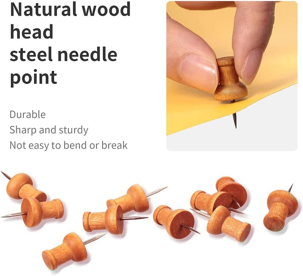 WATELL 50 Pcs Wooden Modern Brown Push Pins for Pinboard, Office, School Use, Rustproof, Heavy Duty, Thumb Tacks