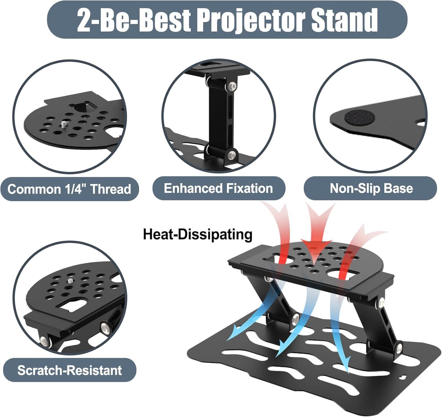 2-Be-Best Adjustable Projector Stand, 3-In-1 Desk/Wall/Ceiling Mount with 180&deg; Dual-Axis Rotation, Carbon Steel Desktop Projector Mount, Universal 1/4" Screw, Compatible with Most Projectors image number 2