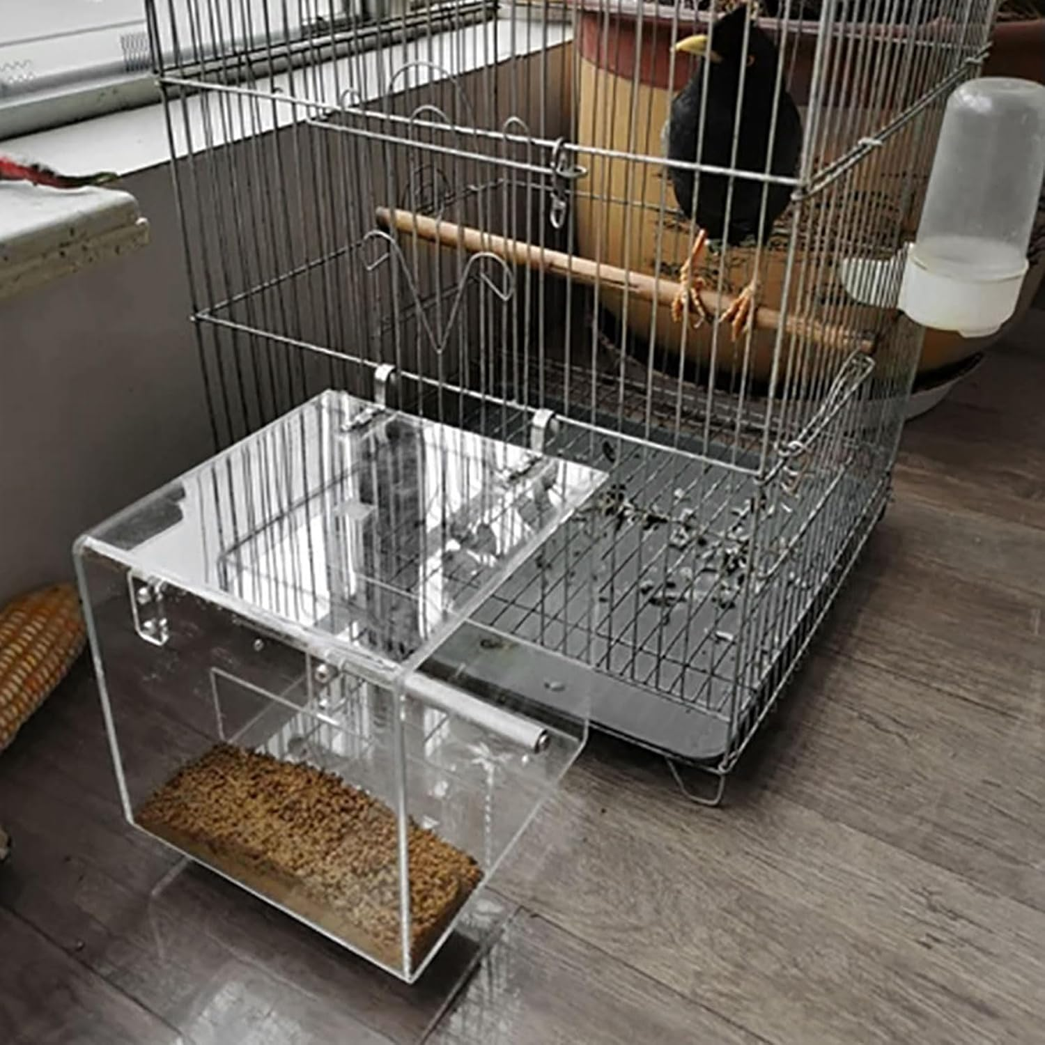 Automatic Parrot Feeder No Mess Bird Cage Seed Feeding Container Box Acrylic Automatic Bird Feeder Bird Cage with Stainless Steel Hooks for Small Birds like Parakeet,Canary,Cockatiel,Parrot 21X21X21Cm image number 1