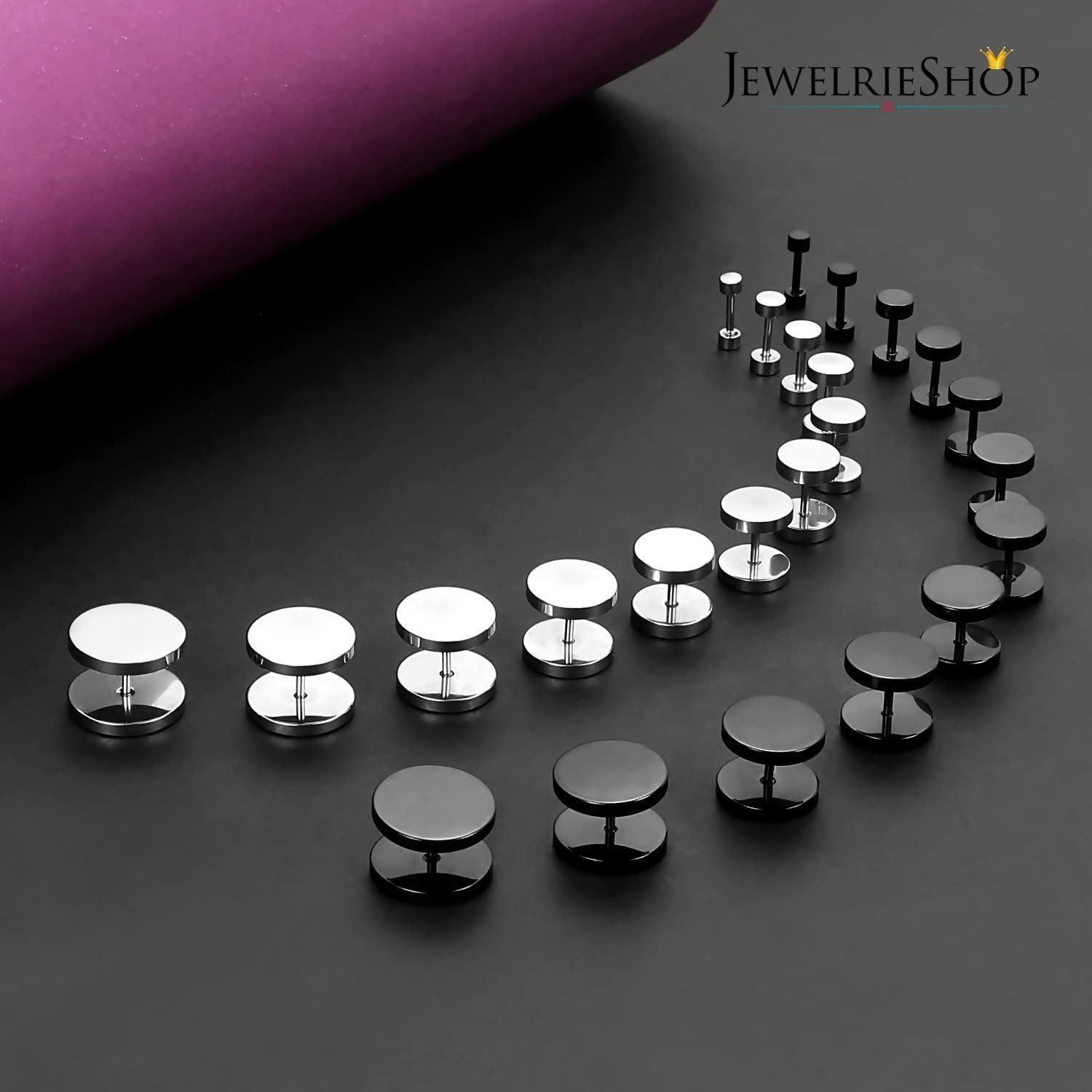 JEWELRIESHOP Black Earrings Men Dot Studs Fake Gauges Plugs Earring Stainless Steel Circle Disc Flat Back Cheater Tunnel Dumbbell Earrings Women (18G,2 Pairs,3Mm-14Mm,Black and Silver) image number 3