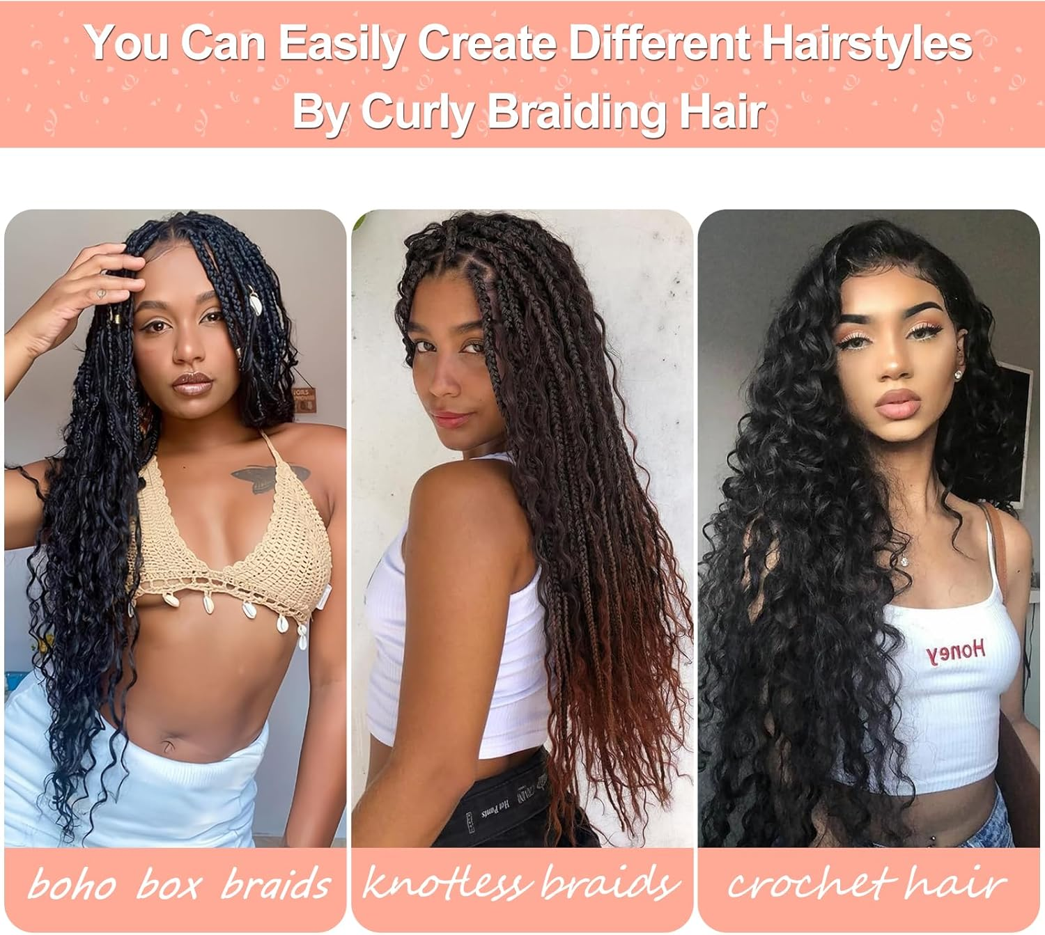 Herkeymidy Ocean Wave Crochet Hair 3 Packs 22 Inch Deep Wave Wavy Braiding Hair Crochet Synthetic Braids Hair Extension for Black Women (1B) image number 2