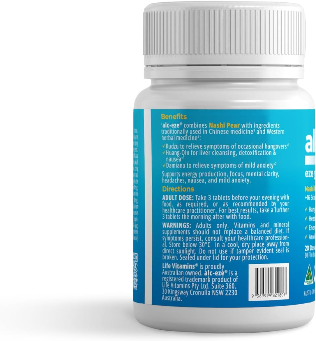 Alc-Eze Hangover Relief 60 Tablets 20 Doses - Australian Made All Natural Supplement image number 2