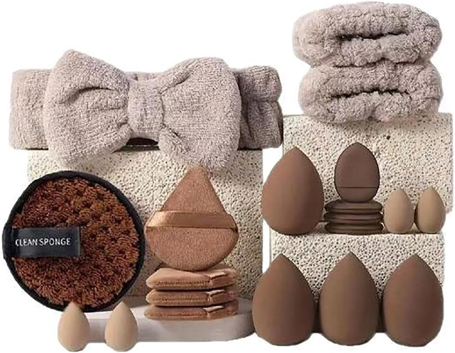 BEANPRECOY Powder Puff and Makeup Sponges Set Reusable Face Makeup Sponge with Strap Wet/Dry Use for Foundation & Powder Fluffy Bow Headband & Absorbent Wristband Used for Washing Face and Skincare