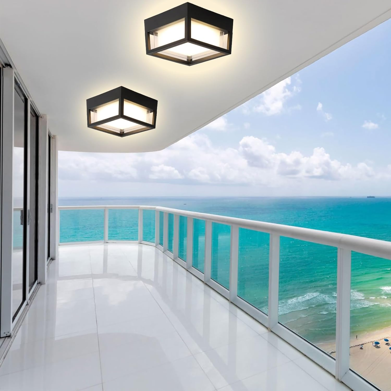 Square Ceiling Light Porch Light LED Flush Mount for Wall or Ceiling, Outdoor Wall Light for Patio Balcony Terrace, 3K Warm Light, 125W of Light, Matt Black Aluminum with PC Lens, Wet Location image number 6