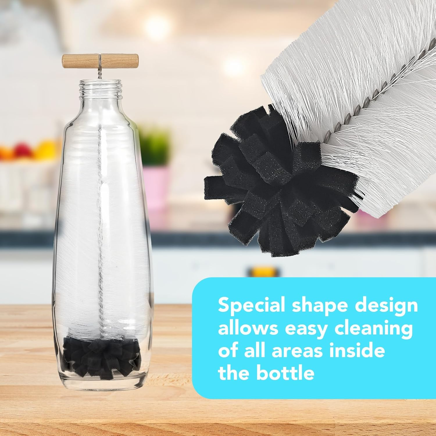 32 Cm Bottle Brush for Sodastream - Pack of 2 with Ergonomic Handle, White Bristles & Black Sponge - Ideal for Glass and Duo Plastic Bottles - Powerful Cleaning without Scratches image number 4