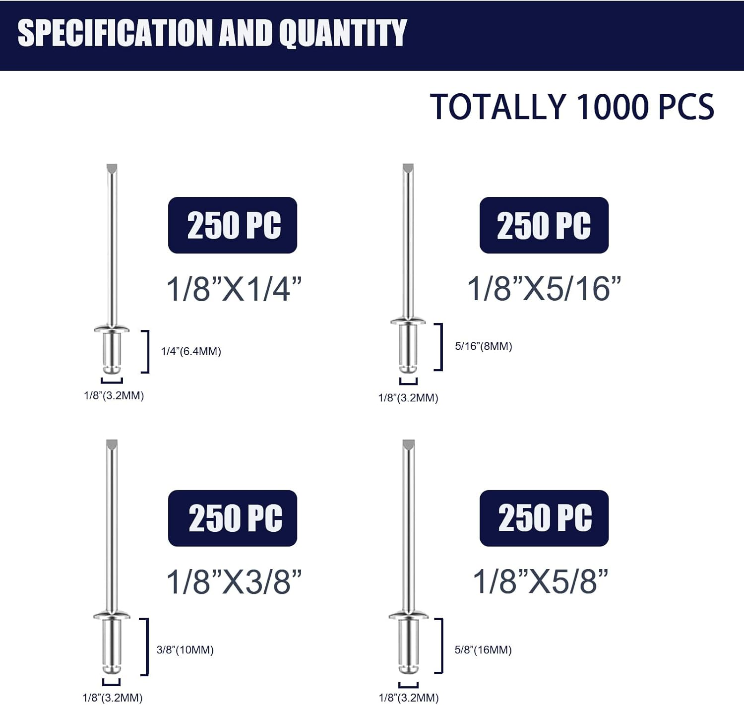 Blind Rivets Assortment Kit 1000 Pcs - Aluminum Pop Rivets (1/8 4 Sizes) Corrosion-Resistant Fasteners for Automotive, Construction, Metalworking - Bulk Multi-Size Rivet Kit with Durable Case image number 5