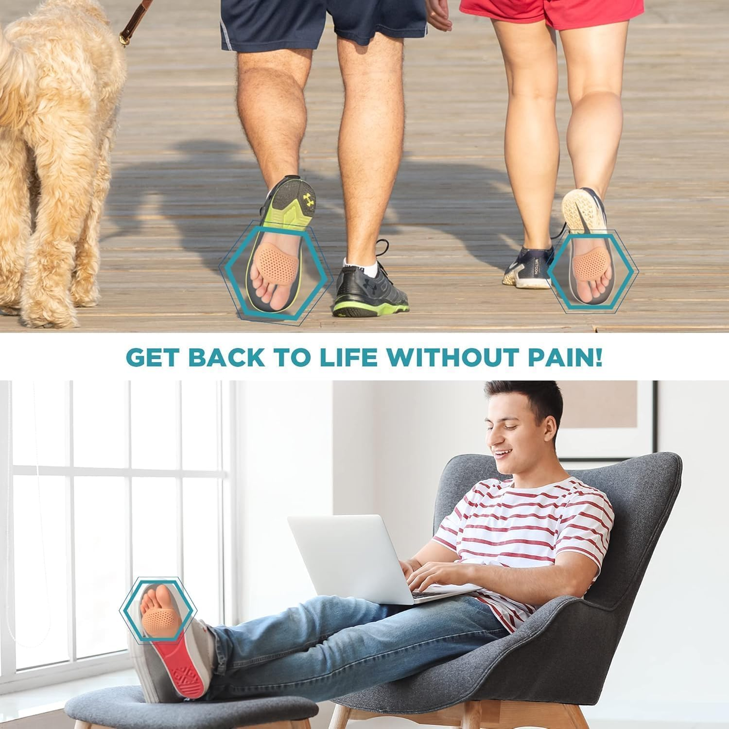 Metatarsal Foot Pads for Pain Relief - 4 Pack Soft Gel Ball of Foot Cushions, Breathable Reusable Forefoot Supports for Women & Men - Comfortable Shoe Inserts to Relieve Foot Discomfort, Skin-Tone image number 5