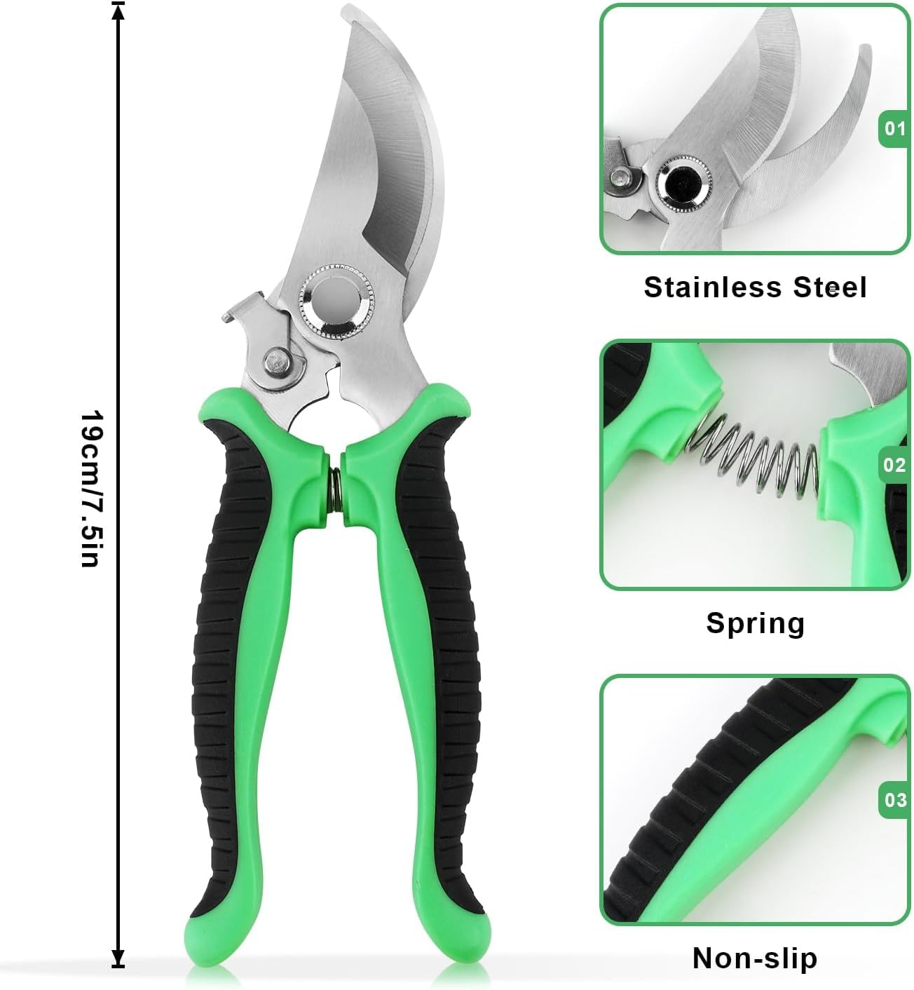 Pruning Shears Steel Blade Garden Shears with Safety Lock, Ergonomic Handles for Tree Trimming, Branch Cutting, Hedges & Plants (Green, 19Cm/7.5")