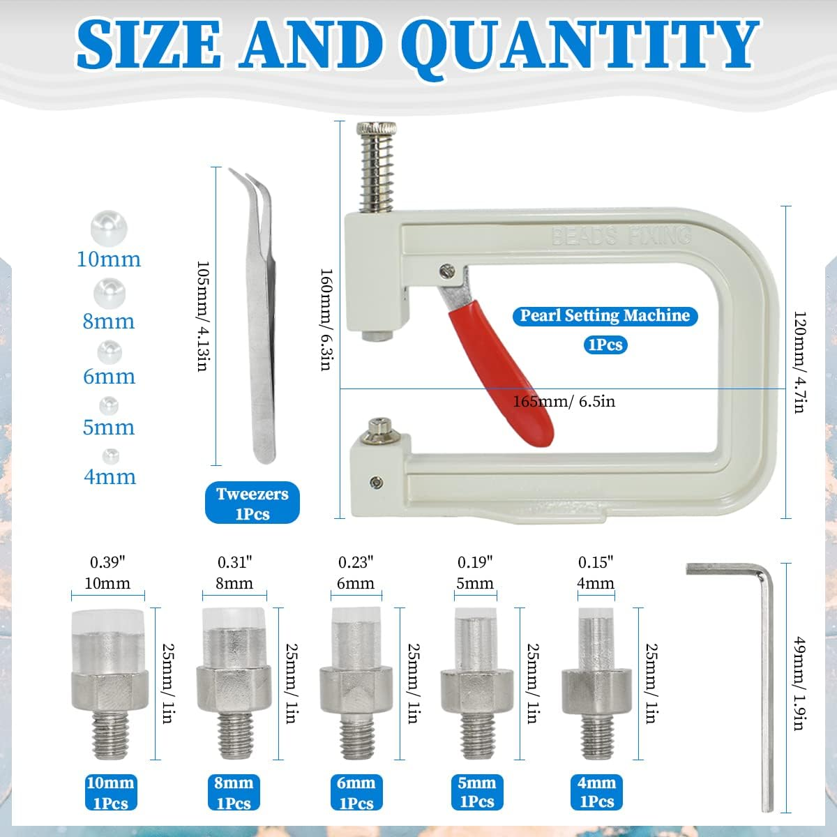 BDS-HOME Pearl Handmade Setting Machine with 5 Sizes of round Pearl ABS Beads Rivet Studs & 900 Pcs Nailheads Spots Studs Kit for Hats Shoes Clothes Bags Skirts Beads DIY Accessories, White (B-DZJ-W) image number 1