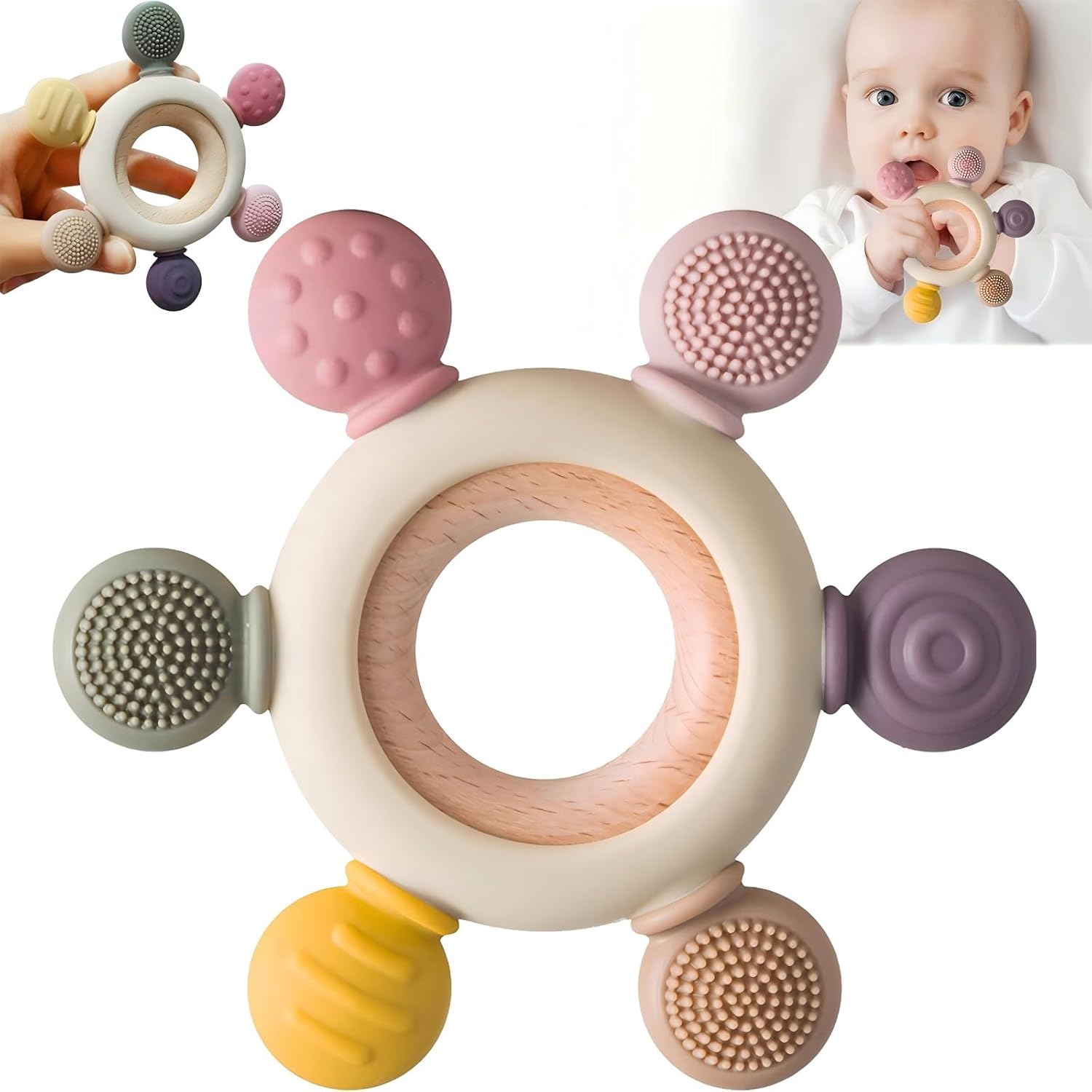 Baby Teething Toys, Silicone Rudder Toy with Wooden Rings for Soothing Teething Pain Relief, Grasping Ring Teething Toy, BPA Free Teething Newborn Accessories, for Lnfants & Toddlers 6+ Months image number 1