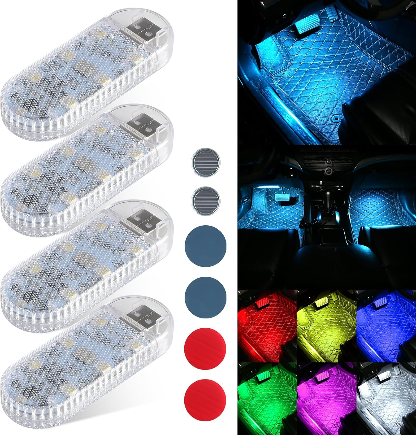 Kaidengzhe Car LED Lights Interior Wireless, RGB 7 Colors Magnetic Neon Touch Light, USB Rechargeable Interior Accent Ambient Lighting, Adjustable & Portable Night Lights for Car Trunk Room, 4 PCS
