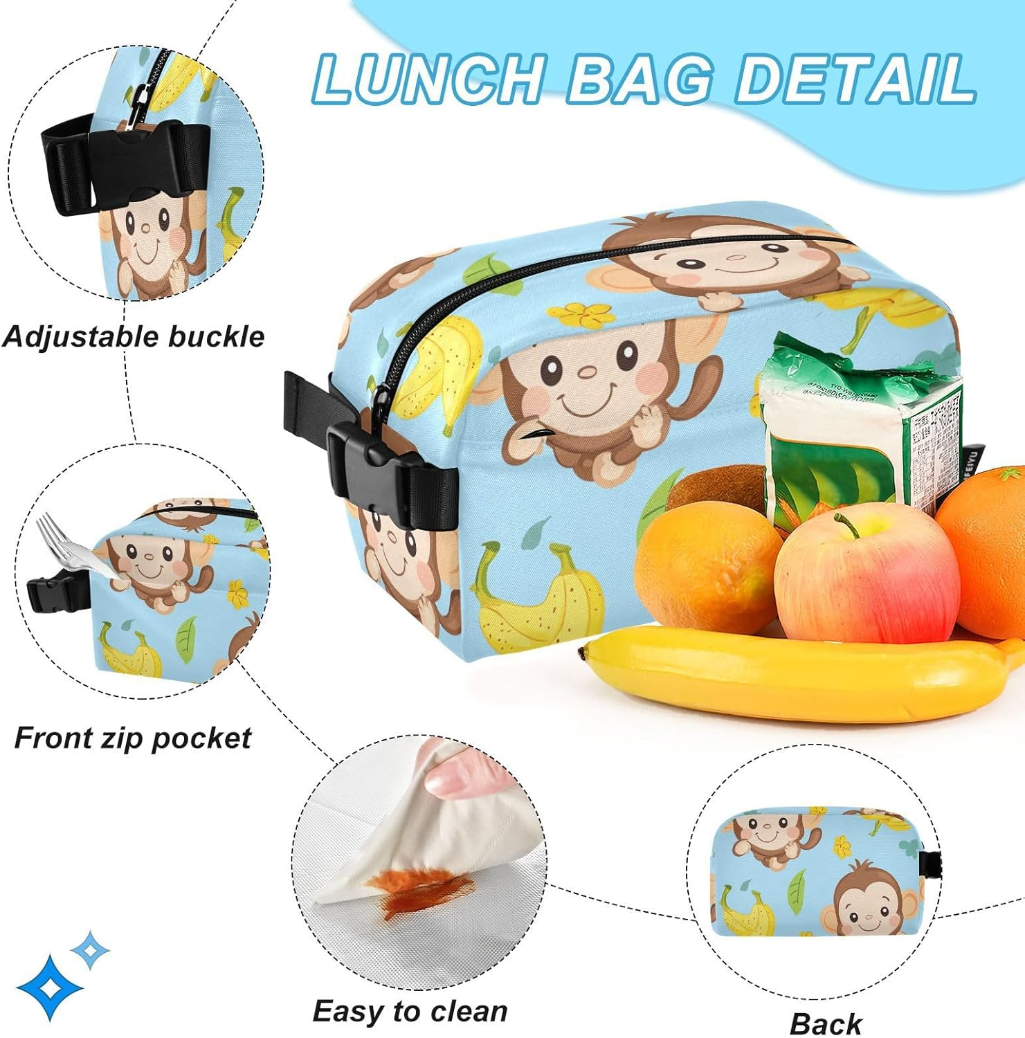 Miaozhen Cute Monkey Bananas Glory Blue Backpack and Lunch Box for Boys Boys Backpacks and Lunch Box School Backpacks for Girls with Lunch Box Age 8-10 Years Old, Cute Monkey Bananas Glory Blue, 1 image number 2