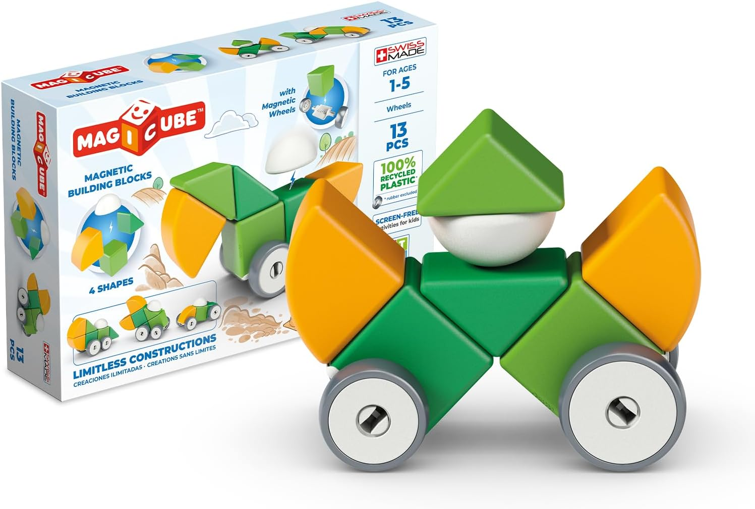 Geomag - Magicube 1+ Shapes Wheels - Magnetic Blocks for Kids - 4 Colours and Shapes - 13 Pieces image number 2