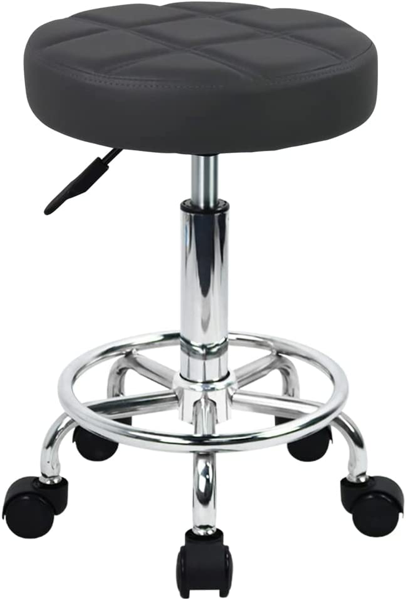 WKWKER PU Leather round Rolling Stool Swivel Height Adjustment Home Office Stool Drafting Lab Kitchen Massage Stools with Wheels Office Chair (Gray)