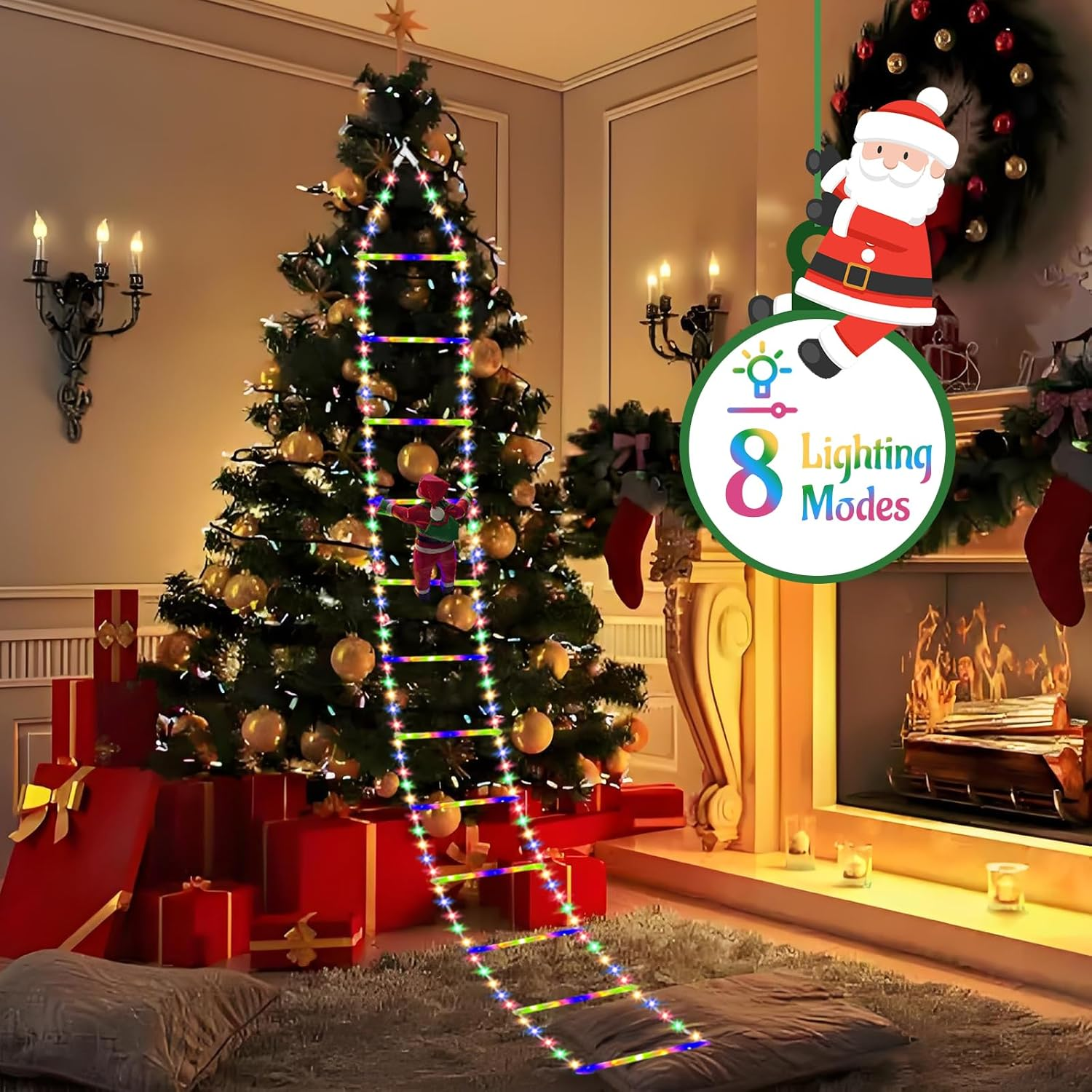 3M Christmas Santa Climbing Ladder Lights, Christmas LED Stairs Lights Decorations with 8 Modes for Home Staircases Christmas Trees Outdoor Indoor Xmas Decor image number 5