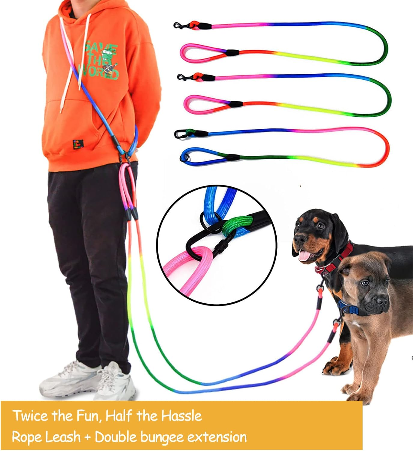 JOPOY Hands Free Dog Leash 9.8Ft Rope Crossbody Dog Leash Reflective for Large Medium Small Dogs Walking, Jogging and Running，Dog Training Leash (Rainbow, 9.8Ft) image number 4