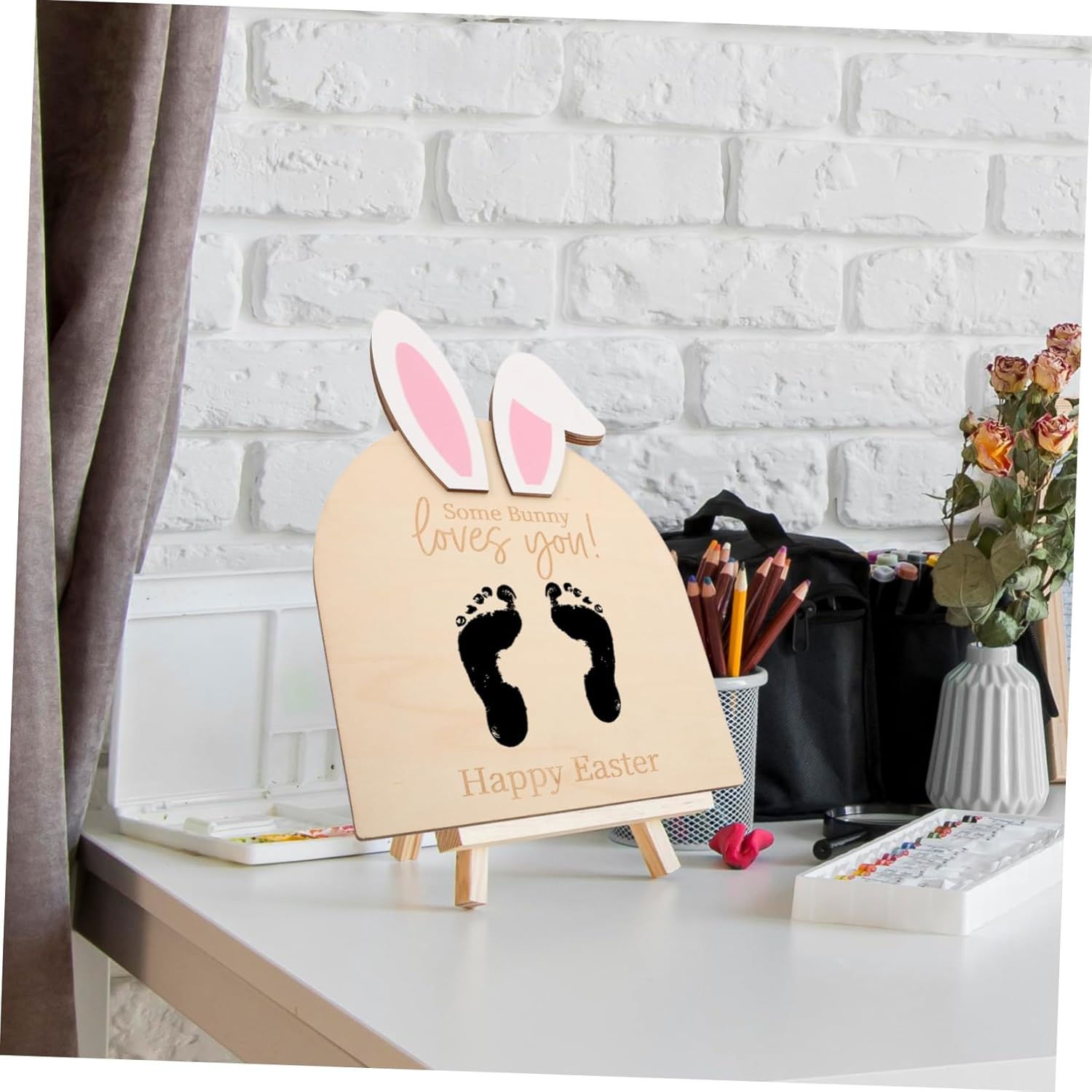 Footprint Keepsake Bunny Ornament Kit Wooden Plaque for Nursery Decor for Newborns First Easter DIY Decoration Adorable Bunny Design image number 6