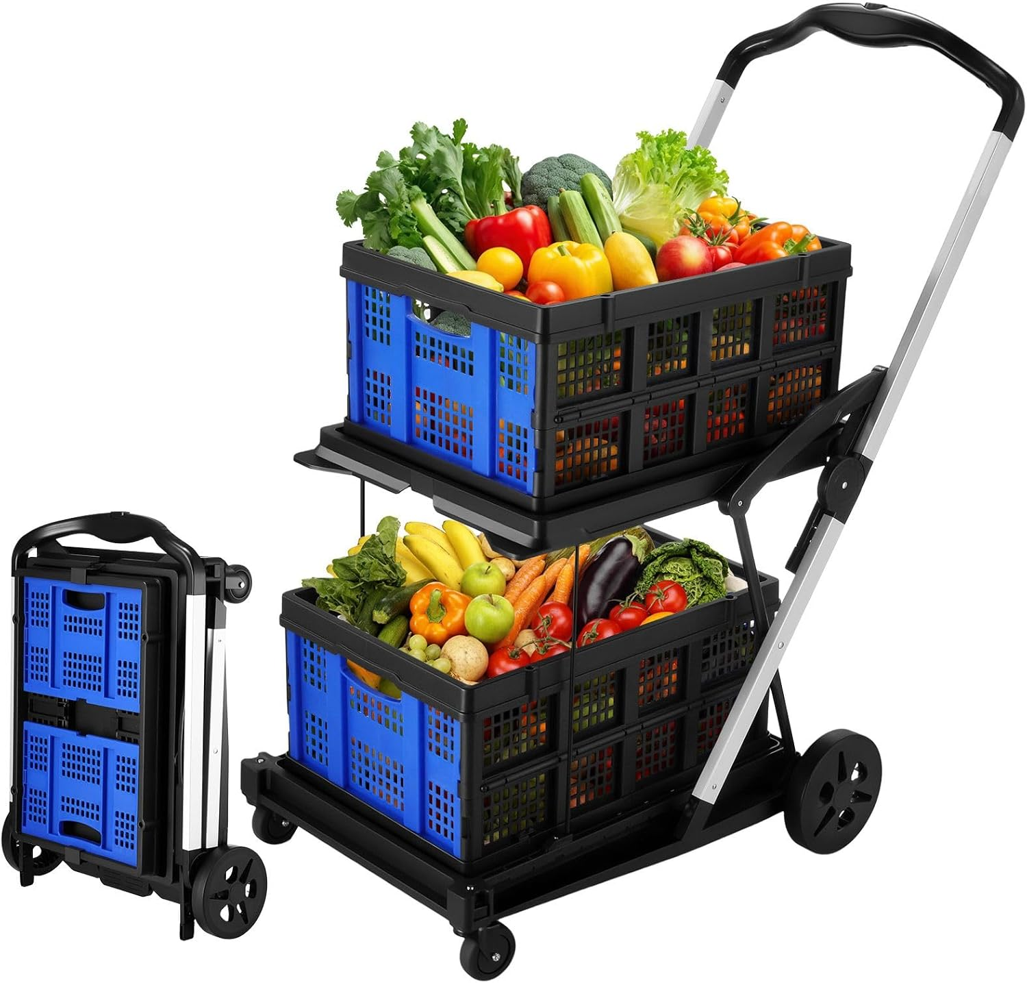 Shopping Cart with 2 Storage Crates Multi Use Two Tier Collapsible Cart with 360&deg; Rolling Swivel Wheels Folding Trolley for Shopping Picnic and Office image number 1