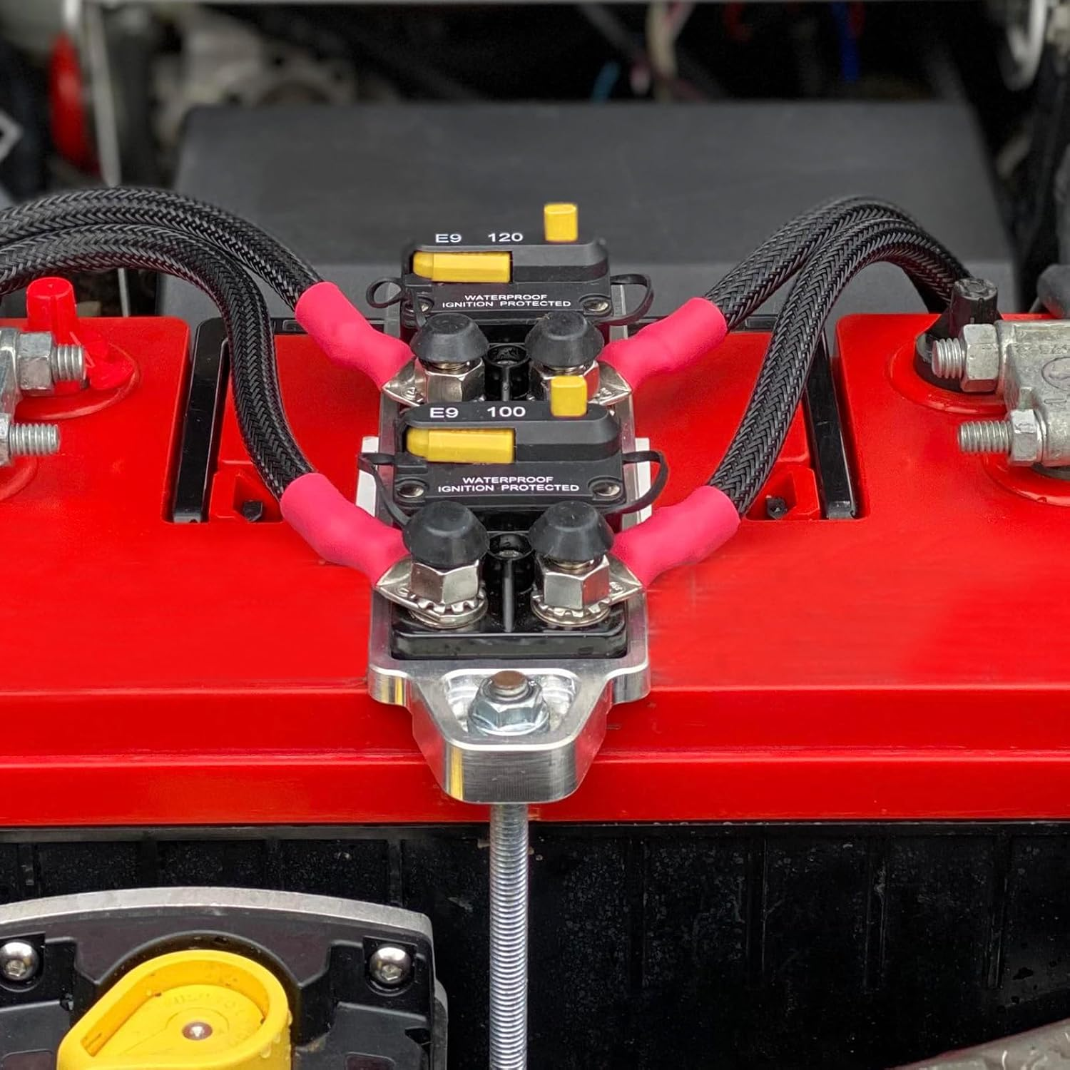 GLOSO E9C Waterproof Circuit Breaker 12V-48V DC 30 Amp Extended Surface Mount 5/16" Diagonal Stud for Marine RV Truck Use IP67 Rated Manual Reset Function(30A) image number 1