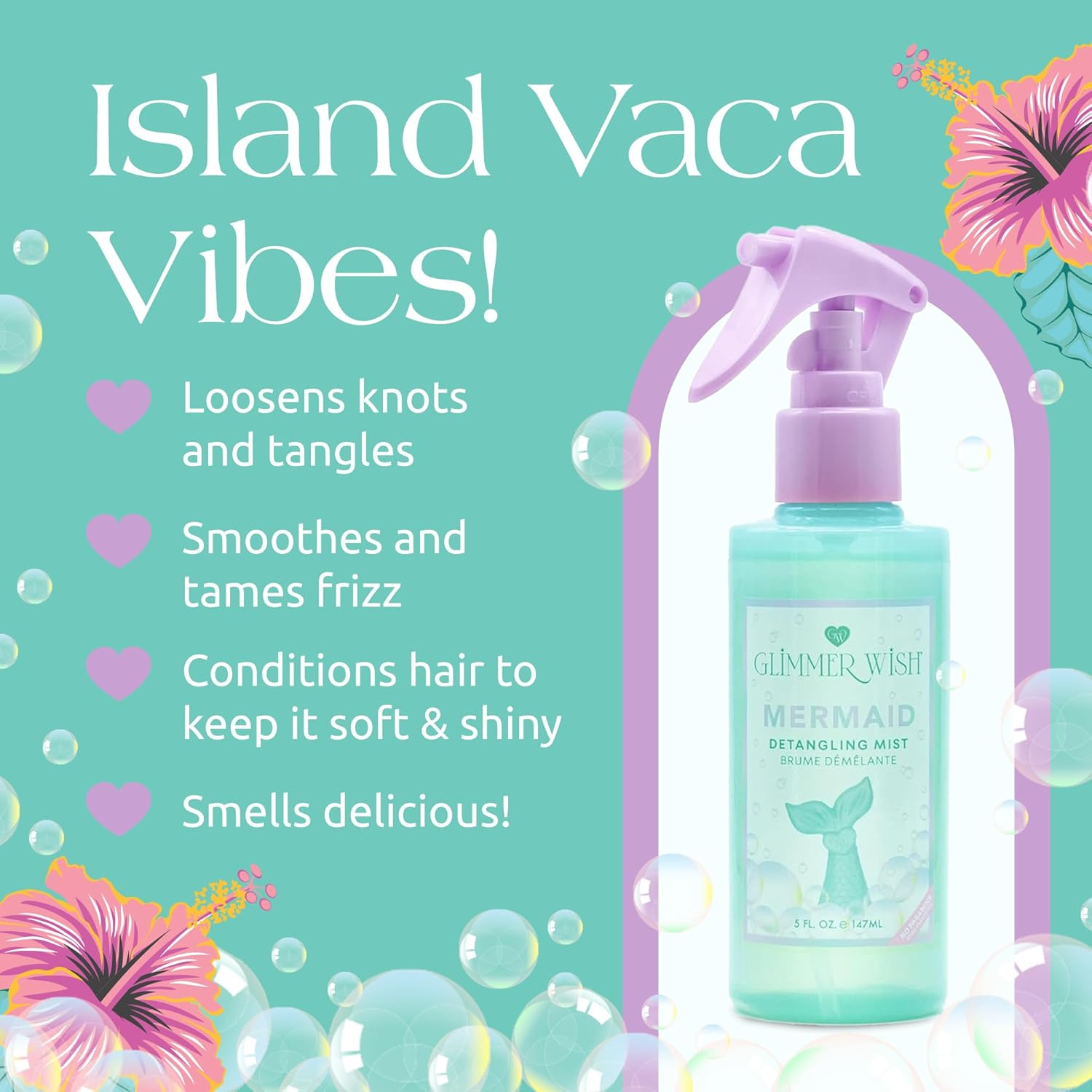 Glimmer Wish Premium Mermaid Detangling Mist, Tropical Beach Scent, Dermatologist Tested, Paraben Free, 100% Vegan, Sulfate & Sulfite Free, PEG & EDTA Free, Cruelty & Gluten Free, 5 Fl Oz image number 2