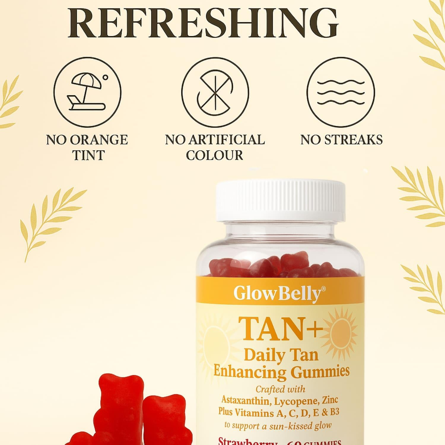 Tan plus Strawberry Tanning Gummies | 24Mg Astaxanthin + 100Mg Lycopene + 7500Mg Beta Carotene, Zinc, Vitamins a C D B3 | Glow & Antioxidant Support Gummies | 60 Pieces by Glowbelly image number 4