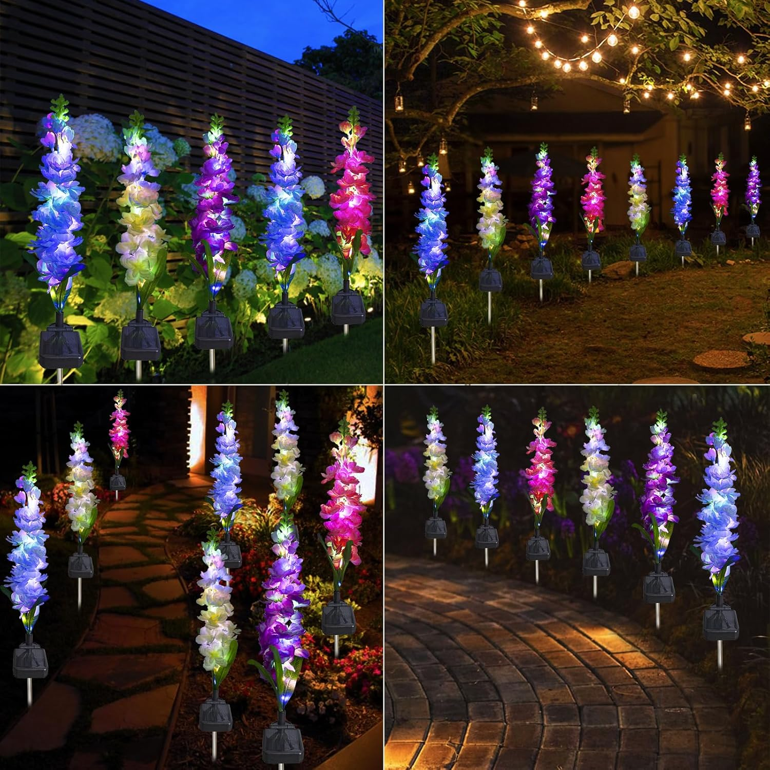 MRHEPHAESTUS Solar Garden Lights, Solar Delphinium Flowers Lights 4 Pack 80 Leds, Waterproof Solar Outdoor Lights Two Lighting Modes for Wedding Party Garden Yard Patio Lawn Decor
