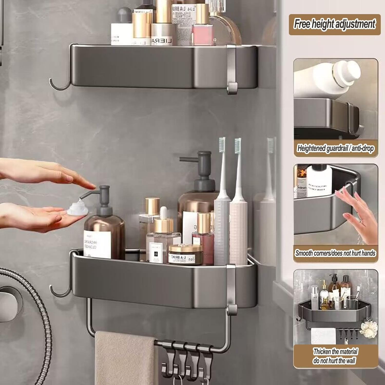 Shower Caddy,Shower Organizer with 2 Hooks, Aluminum Corner Shower Shelf,With Towel Bar Storage Rack Shower Rack for Toilet, Bathroom and Kitchen No Drilling Required image number 1