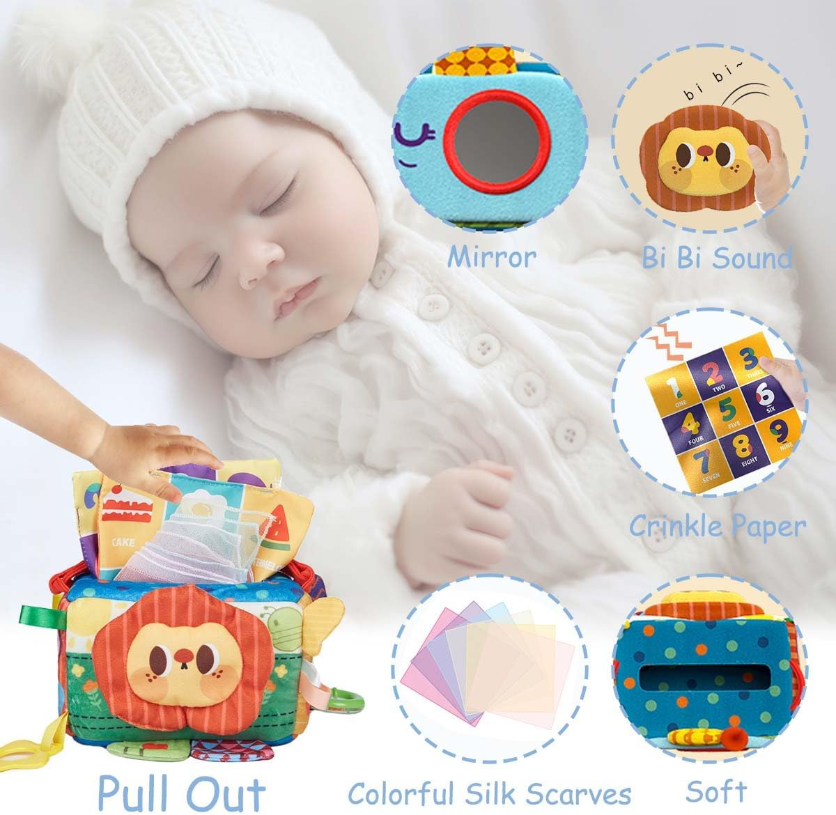 Baby Tissue Box, Infant Montessori Sensory Toy with Soft Crinkle Papers ＆ Silk Scarves, Textured Tissues Box with Mirror Toddlers Early Educational Learning Travel Toys for 6+ Months