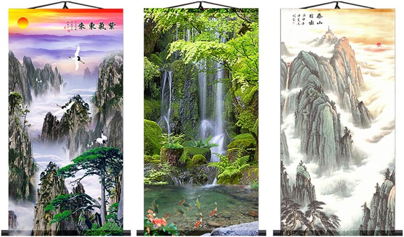 Zzooi Chinese Lucky Fengshui Painting Waterfall Golden Carps Wall Art Hanging Silk Painting Scroll,Feng Shui Decor - Golden image number 3