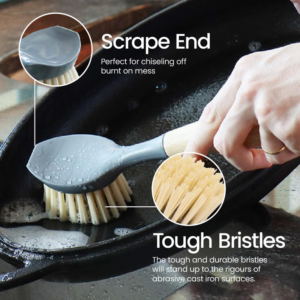 White Magic Eco Basics Cast Iron Brush &ndash; Ergonomic Bamboo Handle | Tough Nylon Bristles & Scraper Edge for Burnt-In Residue | Ideal for Cast Iron Cookware, Pots & Pans | Eco-Friendly Recycled Plastic image number 2