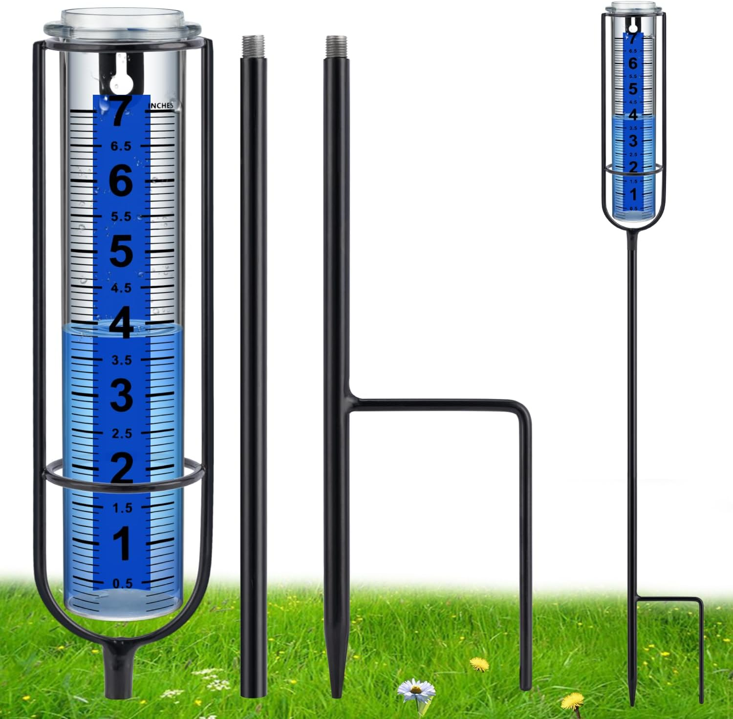 Richene Rain Gauge Upgrade, 7" Capacity Glass Rain Gauge Outdoor-Detachable Rain Guage with Lengthen Stake Best Rated for Yard, Lawn & Garden(Dual Scale) image number 3