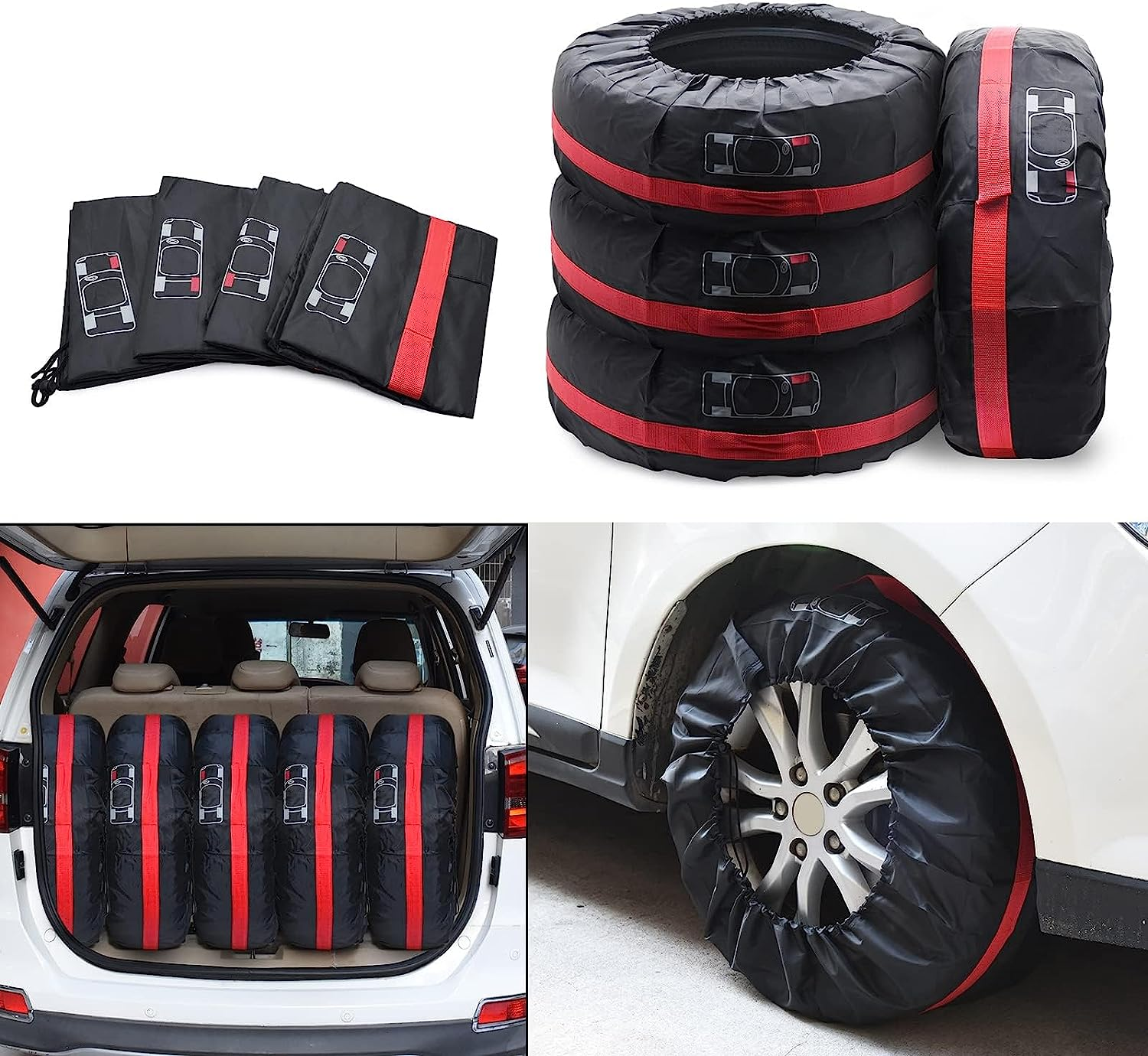 Geloo 4PCS Car Spare Tire Cover, Seasonal Tire Totes, Wheel Storage Bags Vehicle Tyre Accessories Winter Tire Cover Universal Camper Spare Tire Covers Fit for 16&rdquo;-20&rdquo;, Diameter 31&rdquo; image number 3