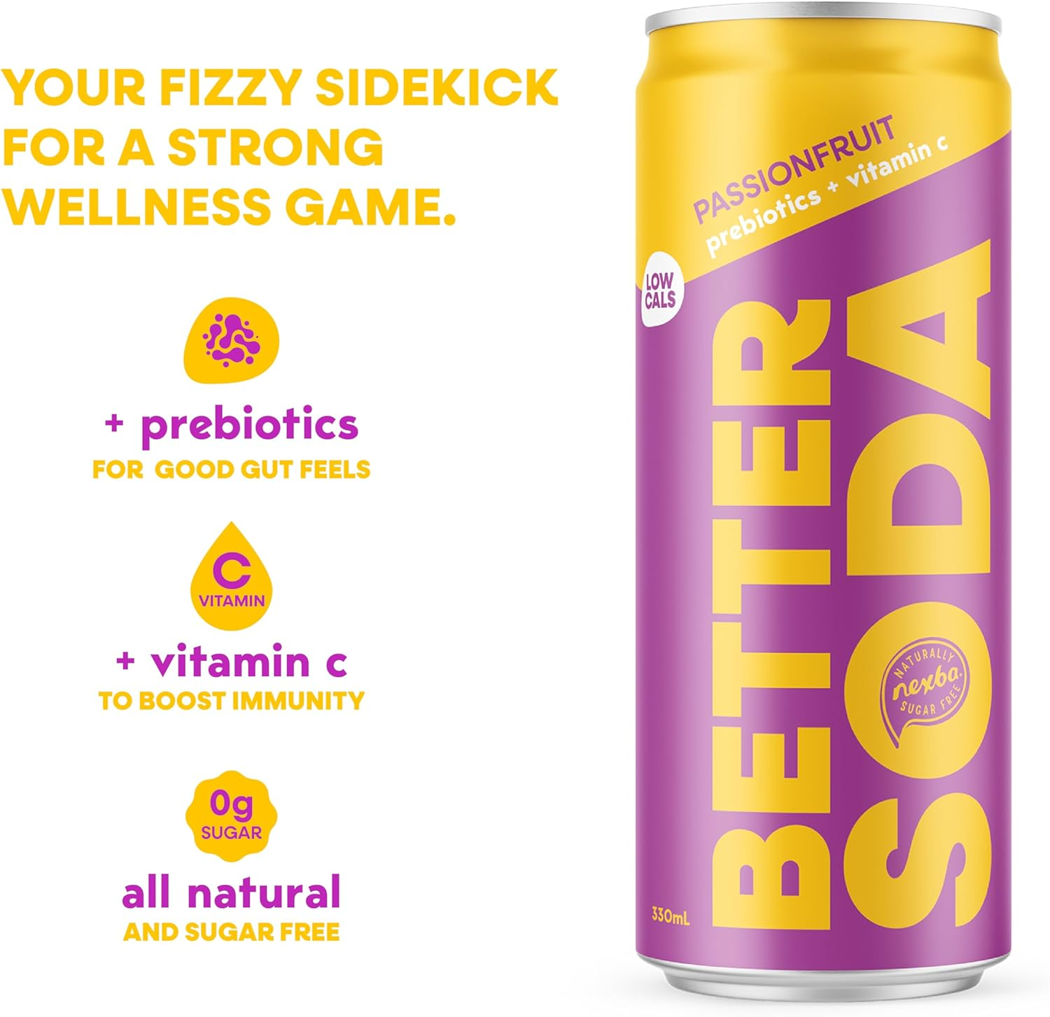 Nexba Better Soda &ndash; Passionfruit &ndash; All Natural Sugar Free &ndash; 24 X 330Ml Cans image number 3