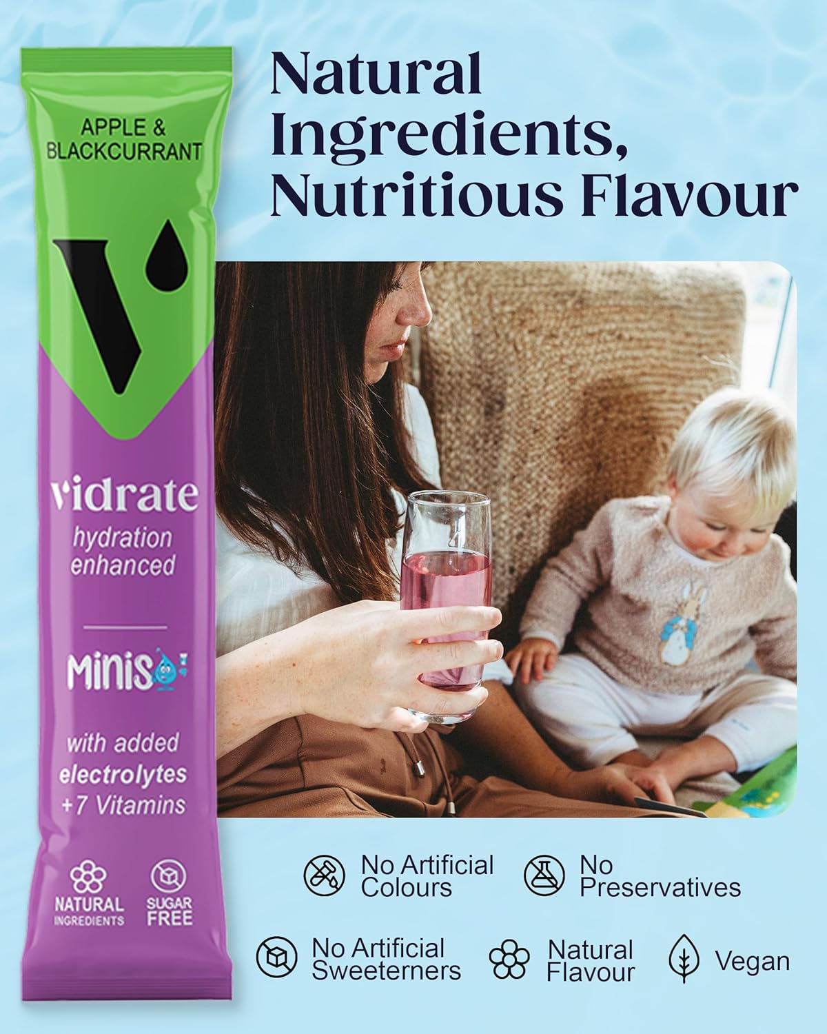 Vidrate Electrolyte Powder for Kids - Apple & Blackcurrant Flavoured Vitamin Water with Natural Ingredients & Zero Sugar - Hydration Drink for School & Sports - 8 Pack Minis Electrolyte Sachets image number 3