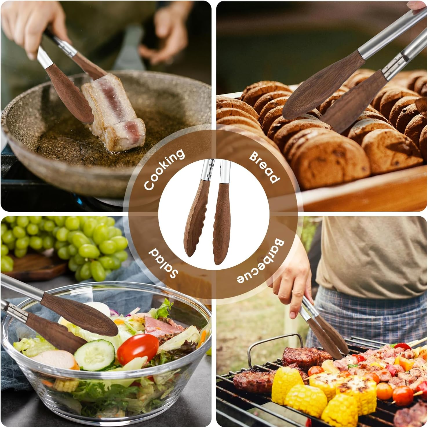 2PCS Wooden Kitchen Tongs (9 &12 Inch), Heat Resistant Nonstick Salad & BBQ Tongs with Wood Tips/Pull Lock/Hanging Hole, Kitchen Cooking Utensils Set for Serving, Grilling, Toaster, Air Fryer image number 6