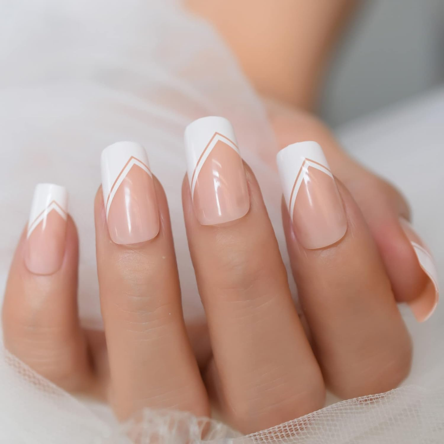 Nude White Press on Nails Medium Square French Glossy Gel Nails Full Cover False Nail Art Tips Salon Manicure Set image number 3