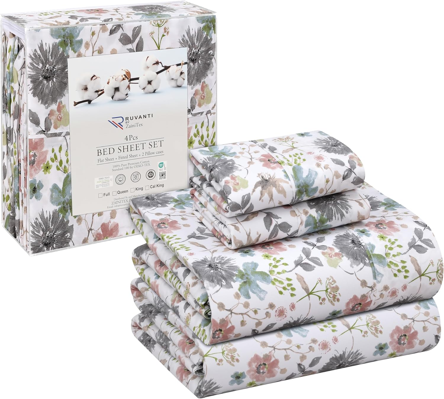 RUVANTI 100% Cotton King Size Sheets Set, 4 Pieces, Soft & Breathable Percale Weave Bedding, Deep Pocket 16", Hotel Standard, Crisp Cool Feel, Durable, Perfect Floral Bed Sheet, Bouquet