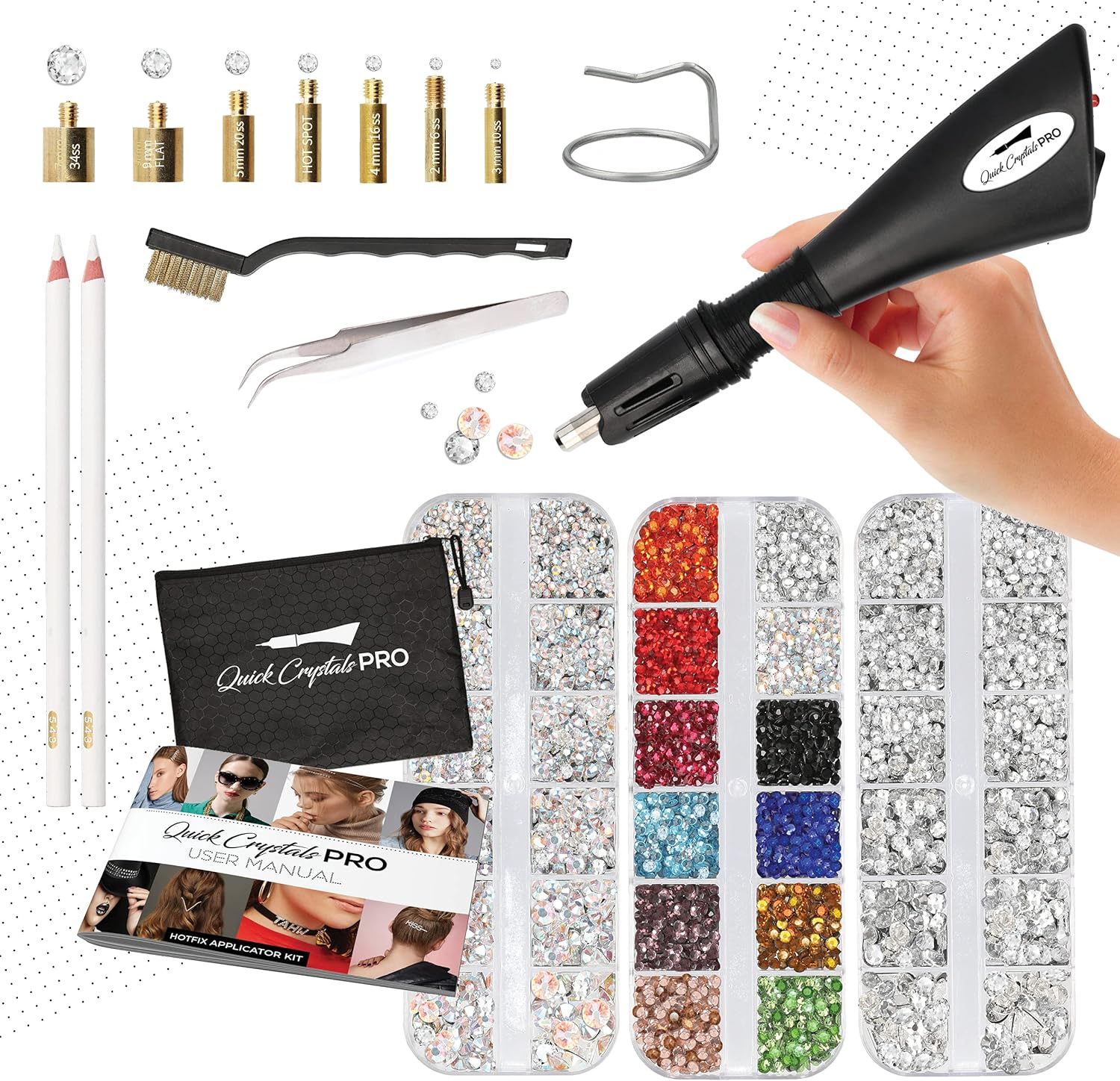 Hotfix Applicator, Quick Crystals Pro, Bedazzler Kit with Rhinestones, DIY Wand Setter Tool Kit with 7 Different Tip Sizes, Tweezers, Cleaning Brush, User Manual, and 4400 Rhinestones. image number 5