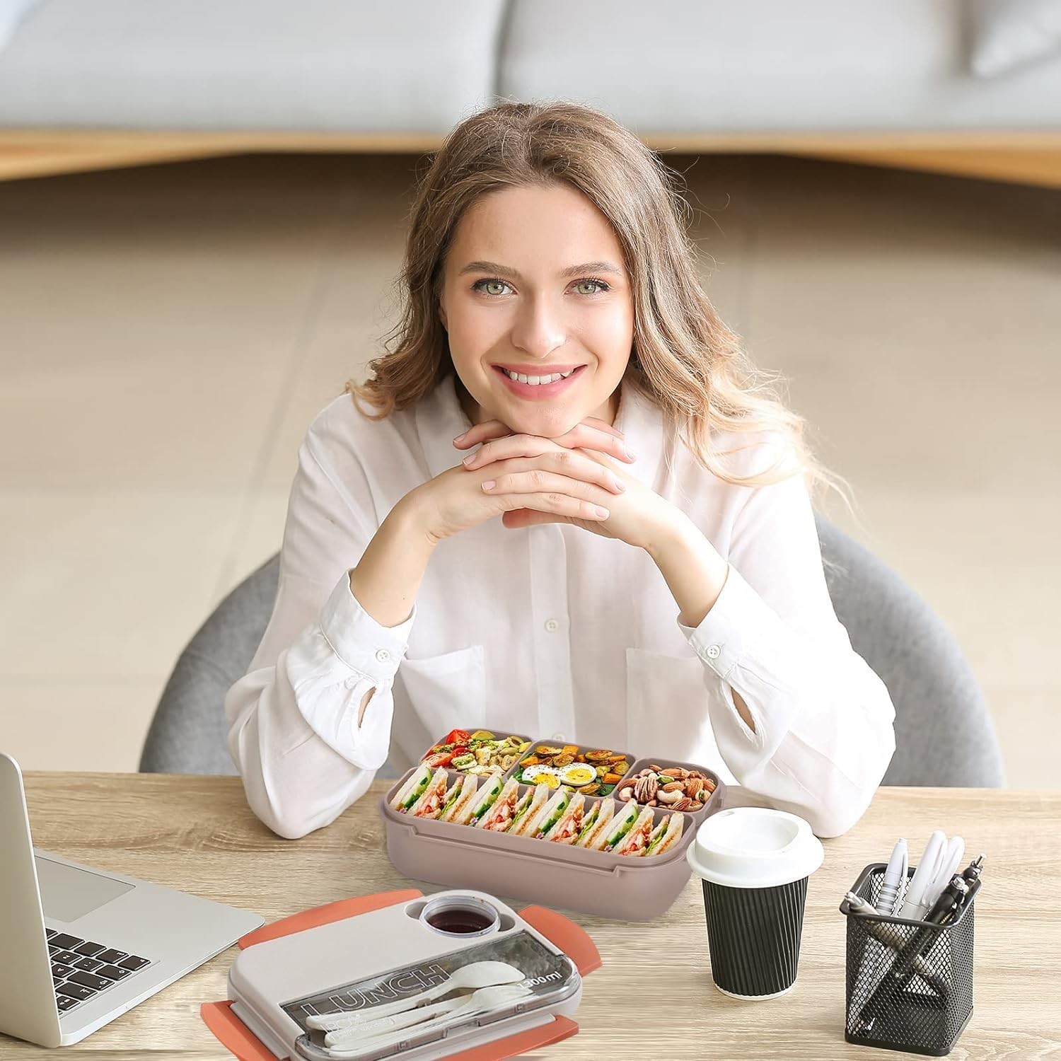 Jiaozoum Bento Box Lunch Box, 4 Compartments Containers for Kids Men Women, Reusable Food Storage with Utensils for Work, School, Camping and Travel (Brown) image number 2