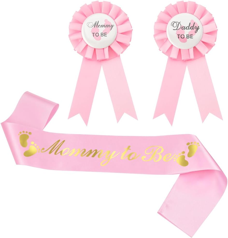 Parent to Be Pins Sash for Baby Shower Boy Girl Gender-Neutral Mommy Daddy to Be Button Badges and Sash Set of 3 New Dad Mom Gifts for Women Men