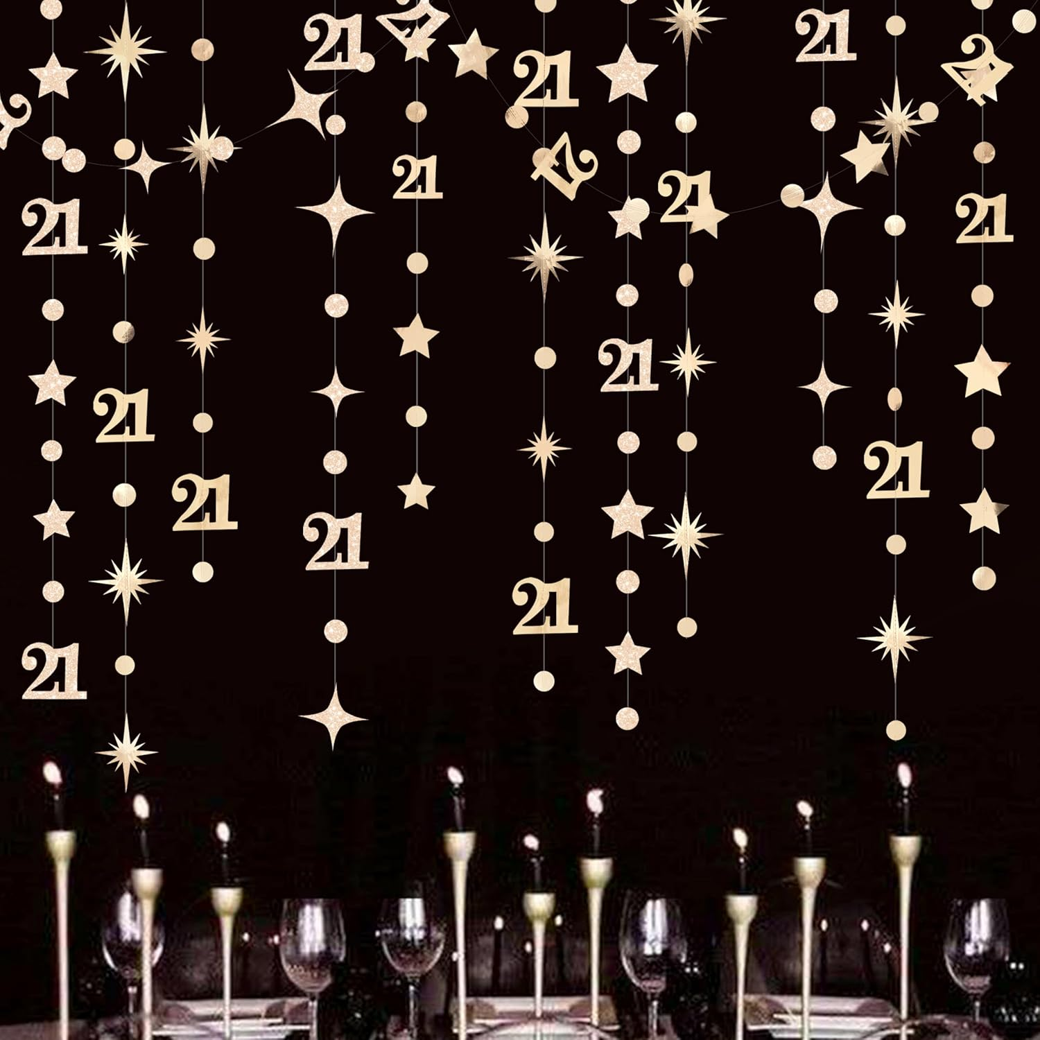 Champagne Gold 21St Circle Dot Star Streamer Garland Metallic Glitter Paper Number 21 Hanging Banner for Boys Girls Happy 21 Years Old Finally Legal Twenty One Birthday Anniversary Party Decorations image number 3
