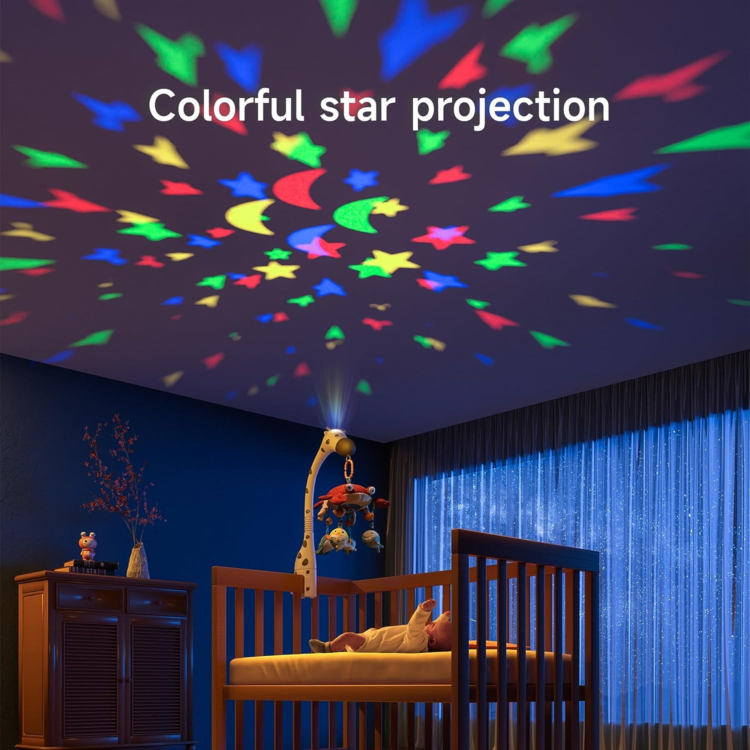 Tumama Baby Musical Cot Crib Mobile Remote Control with Mirror Soft Animals Hanging Toys Lights Lullaby Rotating Projector Sleeping,Piano,Natural Music,Auto Off,Mute Spin Motor Infant Newborn Gift image number 3