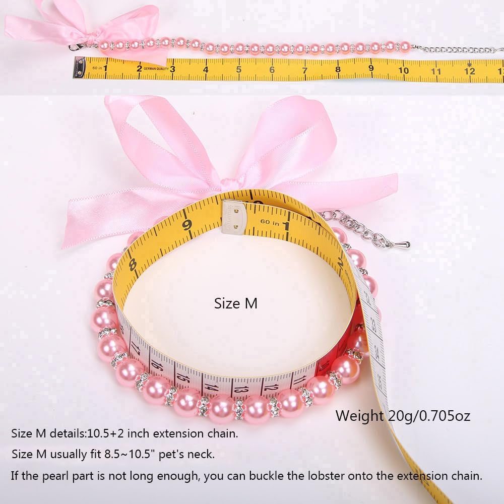 Dog Cat Pearls Necklace Collar with Bling Accessories and Ribbon Bow Pet Puppy Jewelry for Female Dogs Cats Small Medium (M, Pink) image number 1
