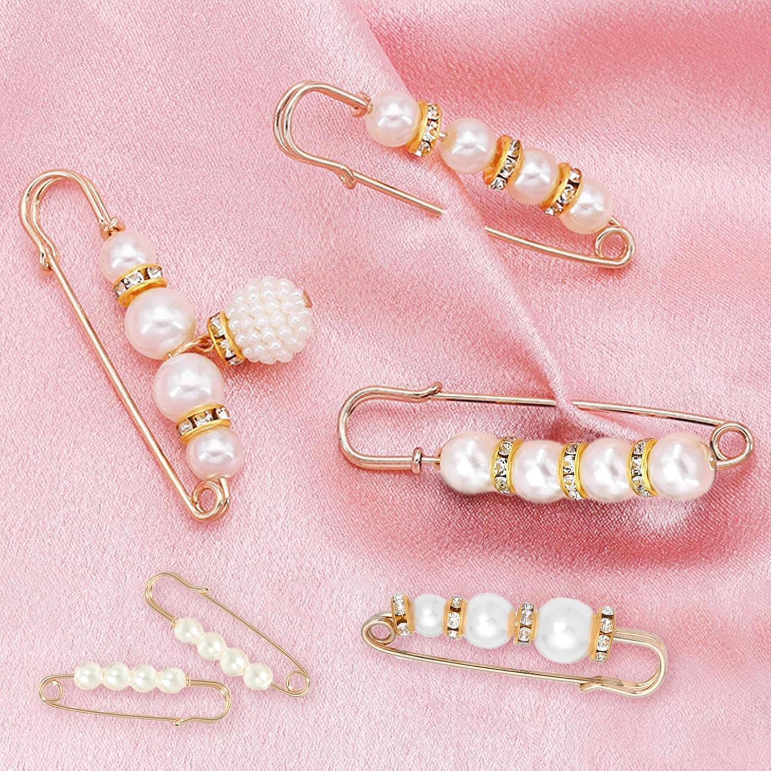 8 Pcs Faux Pearl Rhinestone Brooch Pins, Safety Pins for Clothing, Dress Pants, Skirt, Cardigan, Collar, Pants Extender, Set-A, White image number 1