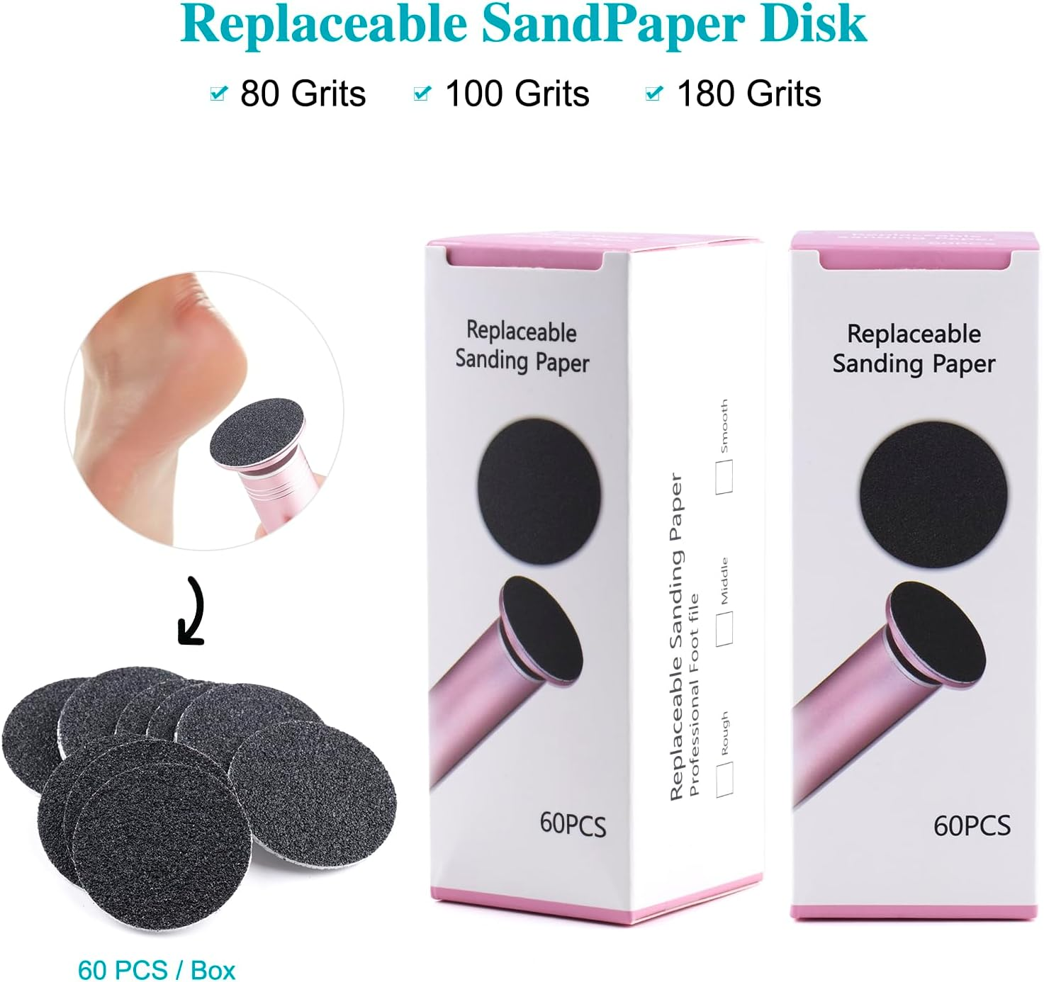 BNG Foot File for Callus Remover, Pack of 60, Foot Sandpaper, 4.2 Cm Replacement Foot Files Pads for Foot Care, Cracked Heels, Hard Dead, #180#80 Mixed image number 2